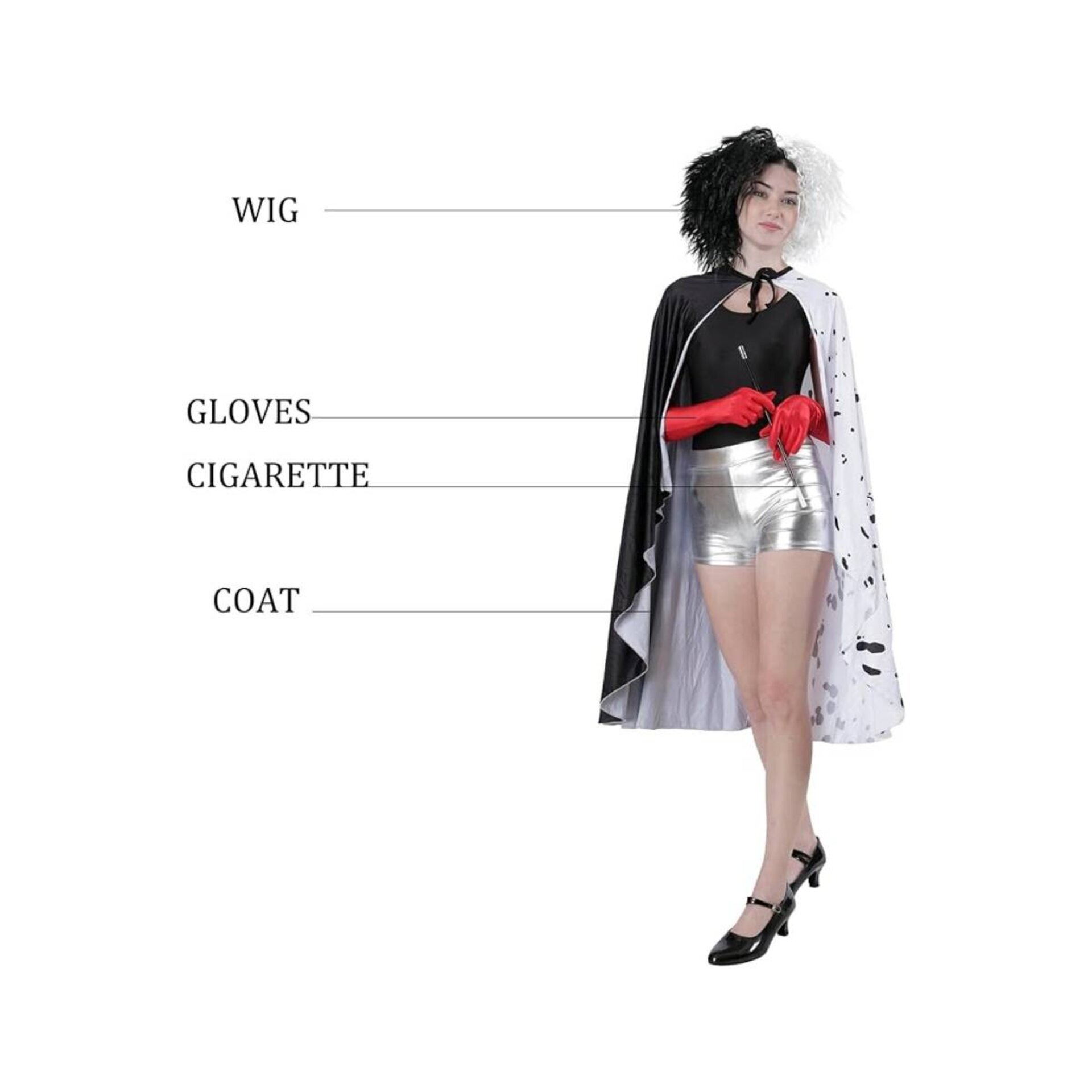 Cruella de vil Disfraz Capa con Peluca Guantes y Cigarro Varita para Mujer - 8