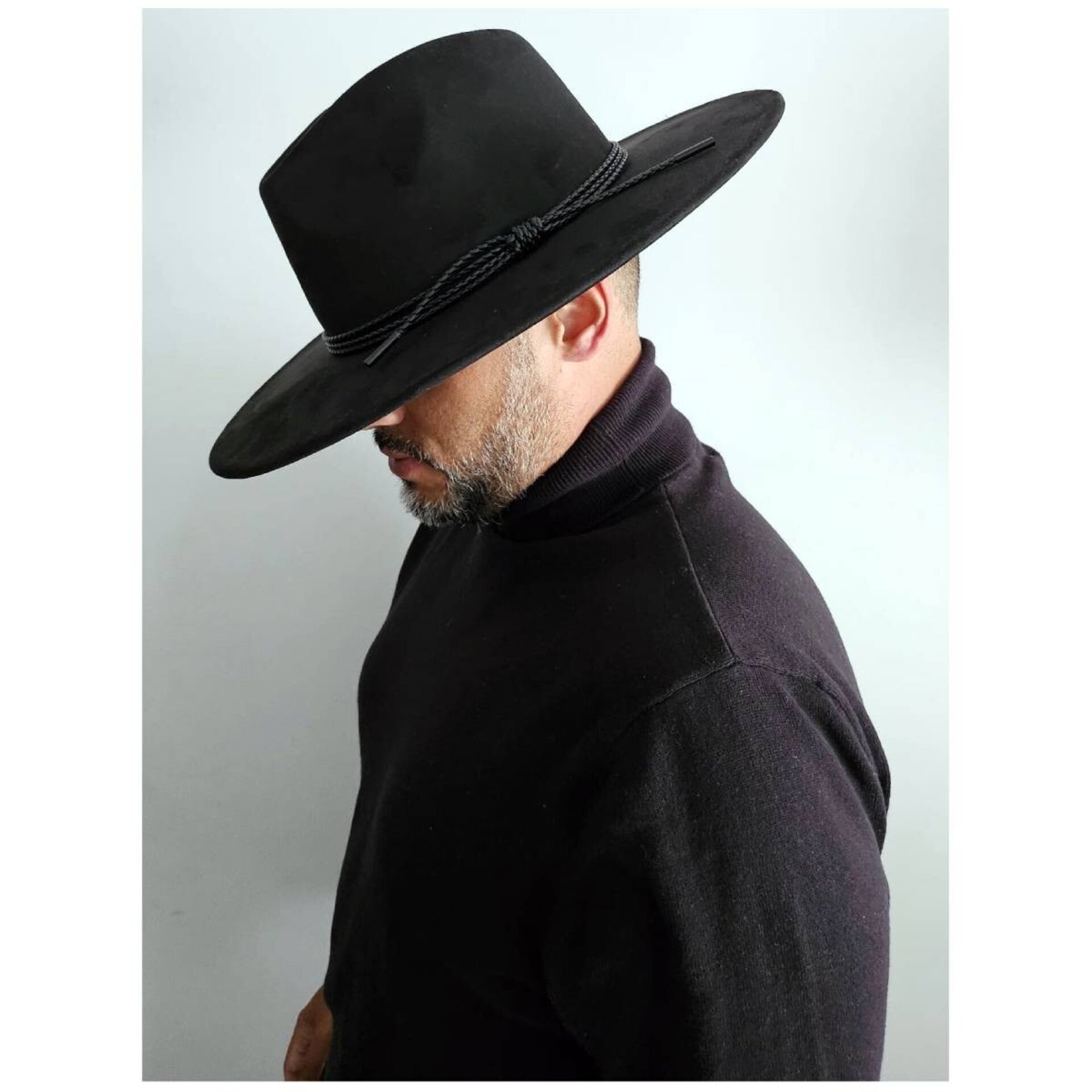 Sombrero de Ala Ancha Cowboy Elegante cinta Trenzada Adulto Unisex Negro - 11
