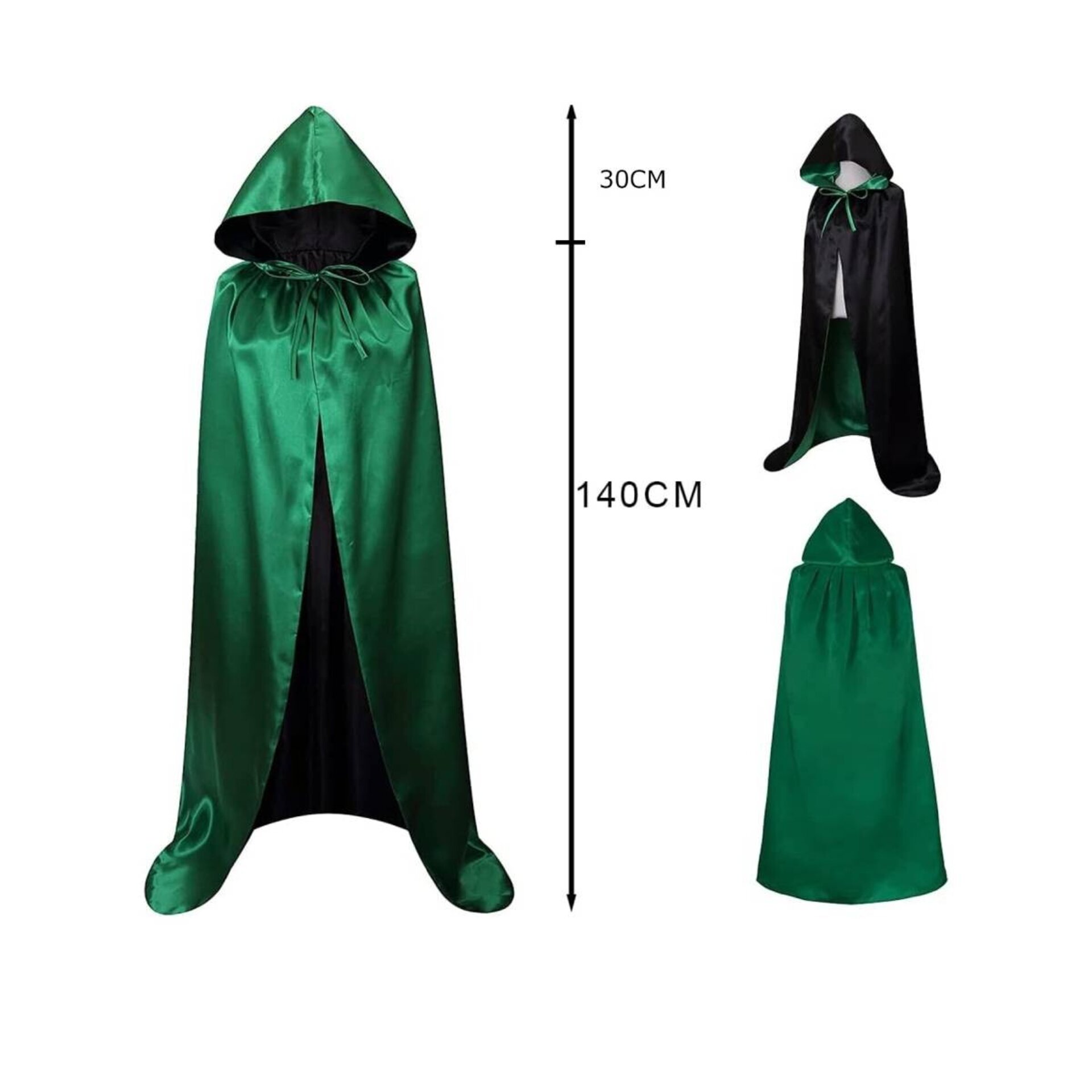 Capa Medieval con capucha Reversible doble cara en Negro y Verde para disfraz - 2