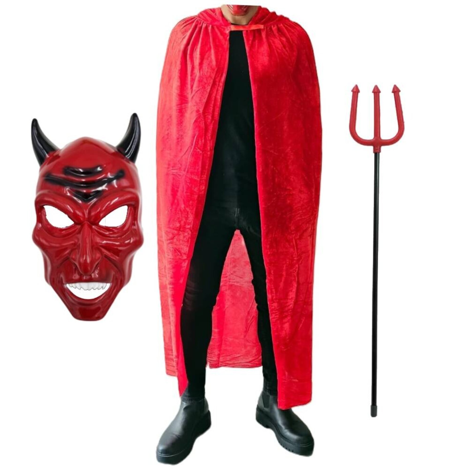 Disfraz Diablo Adulto | Capa Roja Satán Terciopelo + Tridente Máscara Demonio - 6