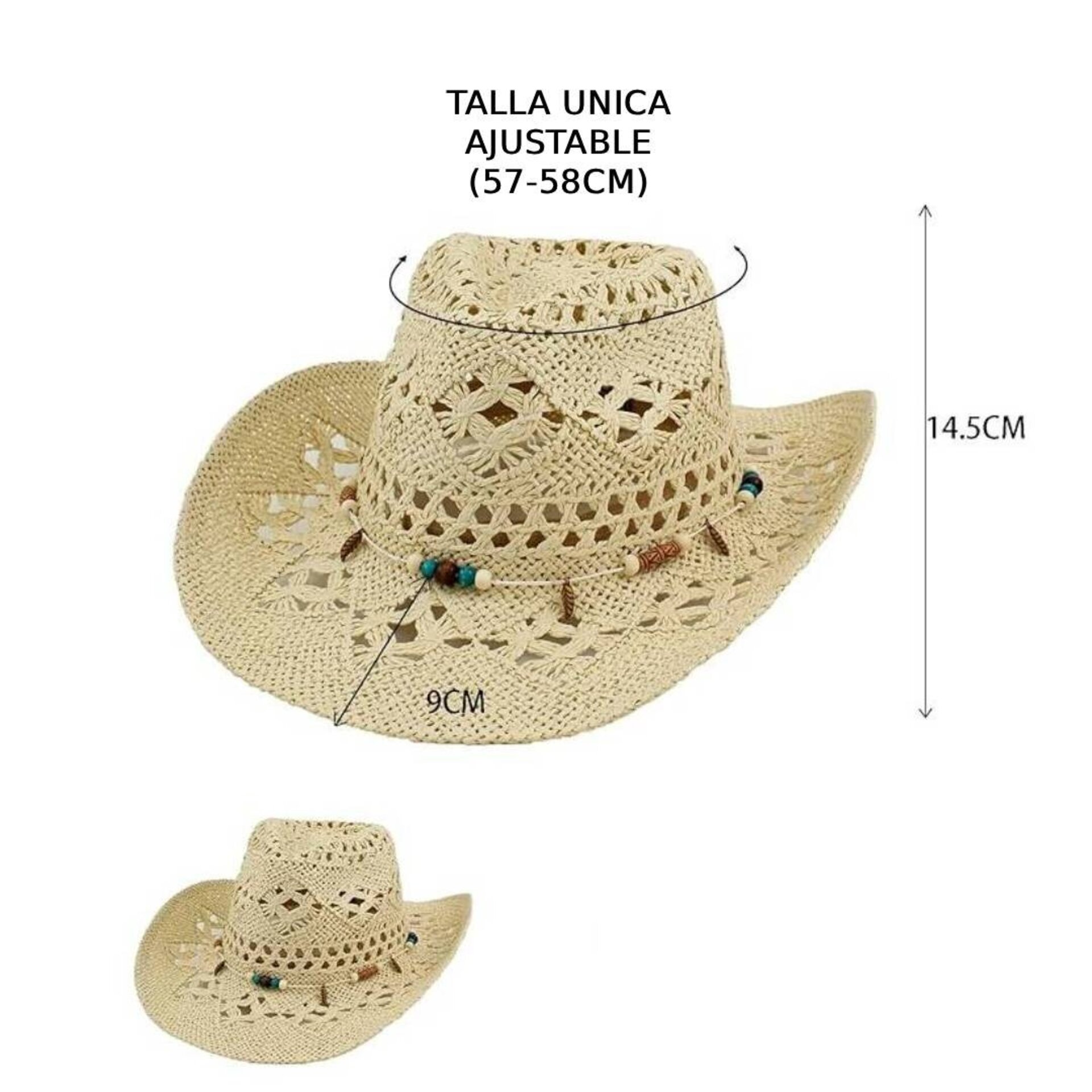 Sombrero Cowboy Vaquero Paja Beige Claro Talla Ajustable M/L Unisex Adulto - 3