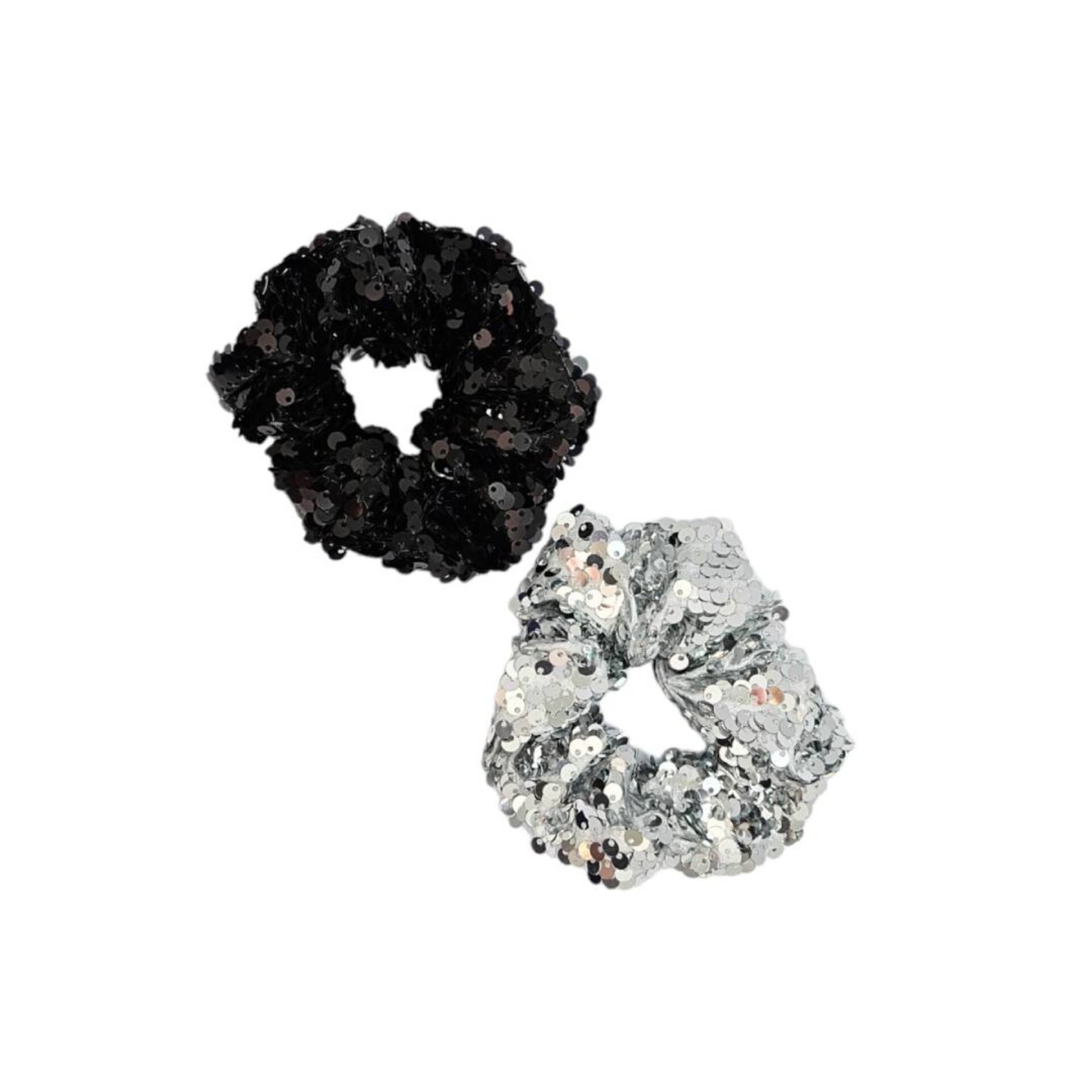 2 Scrunchie de lentejuelas Negro Plata Coletero Elastico para Cabello - 5