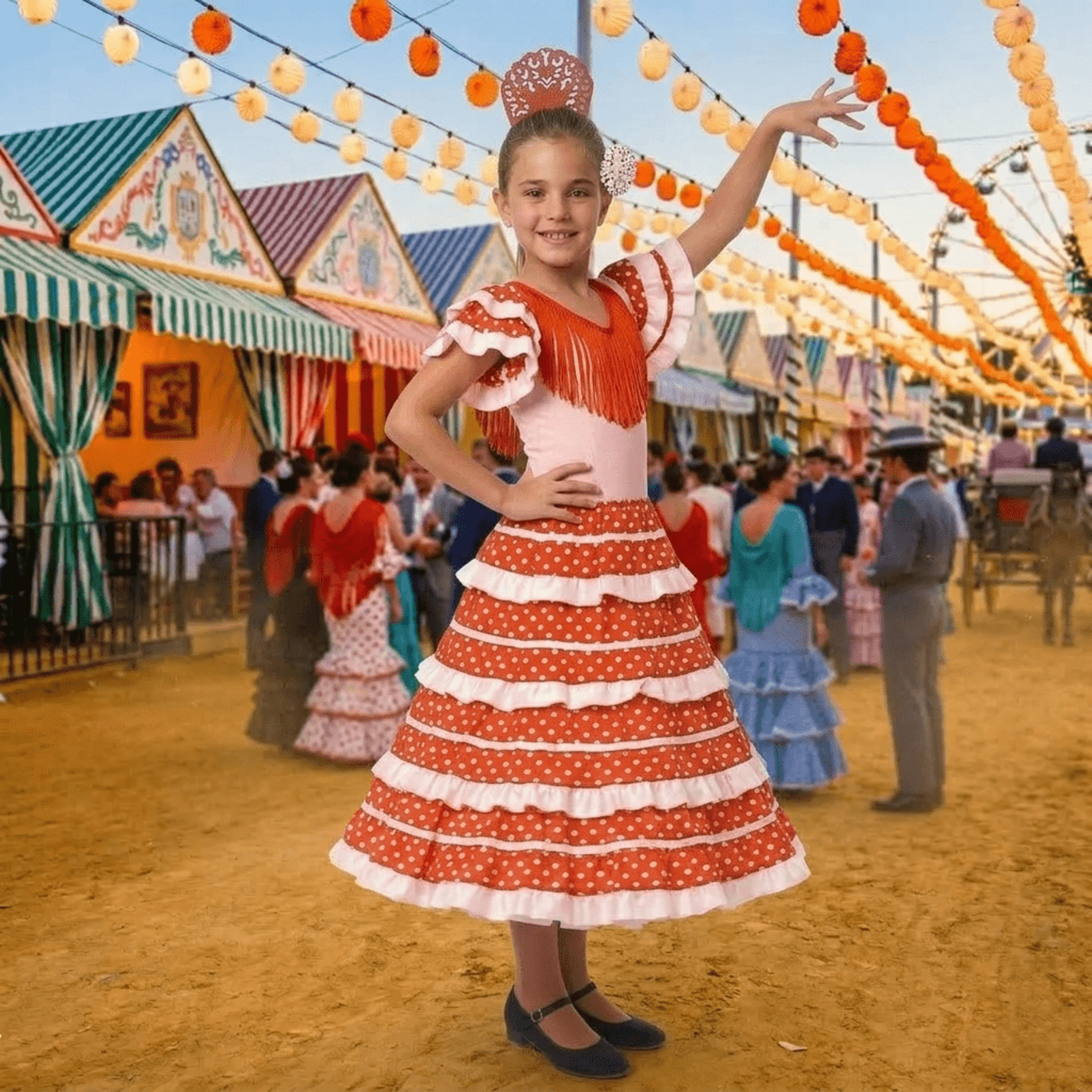 Vestido Flamenca Niña Traje Sevillana con Peineta y Flor | Disfraz Andaluza - 8