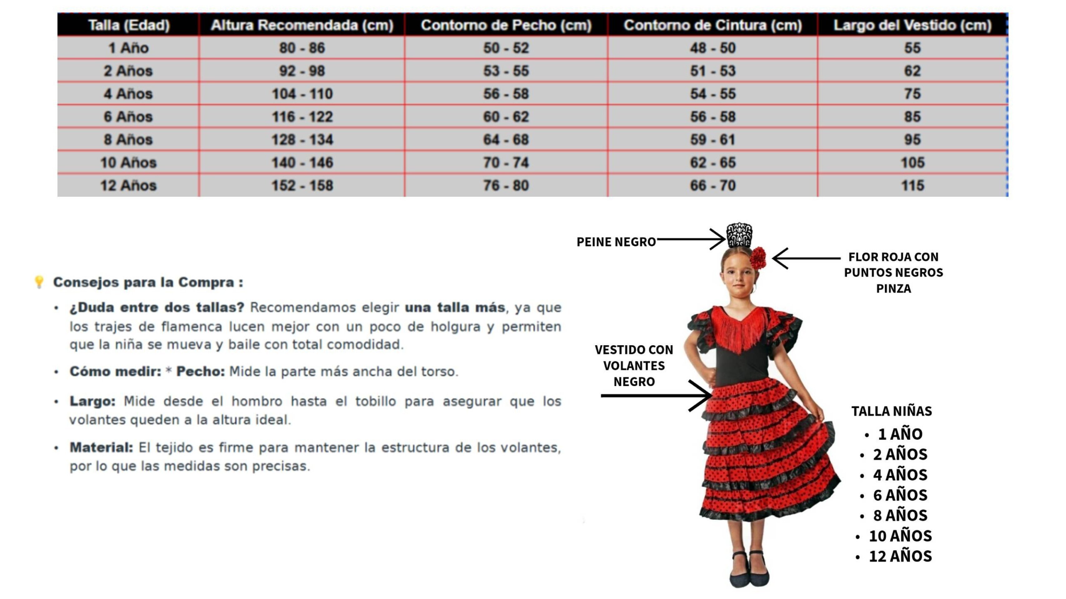 Disfraz Flamenca Niña Vestido Sevillana con Volantes y Lunares con Peine y Flor - 6