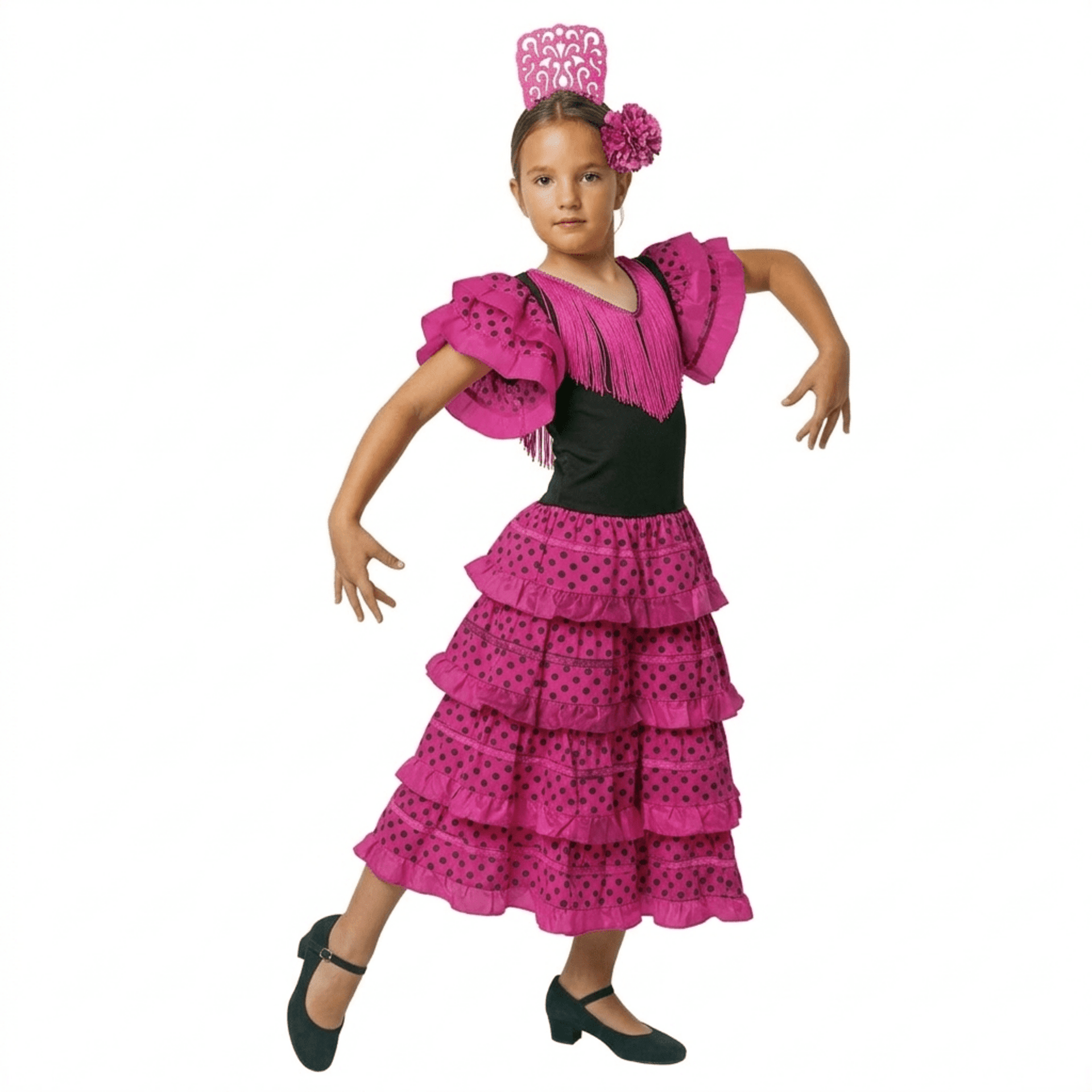 Vestido Flamenca Niña Fucsia y Negro - Traje de Sevillana con Flor y Peineta - 7