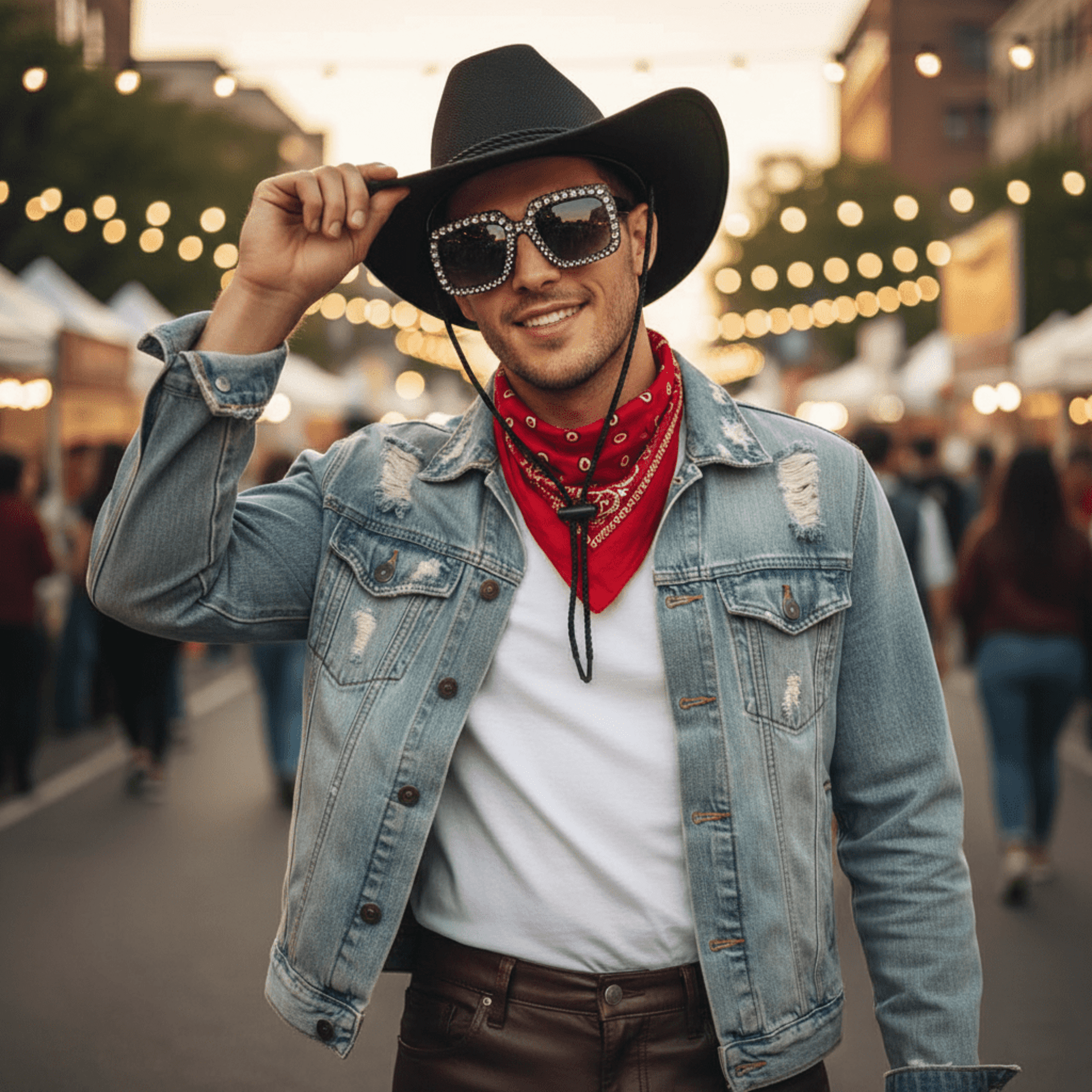 Pack Cowboy Premium Unisex - Sombrero Vaquero Ajustable, Gafas de sol y Bandana - 4
