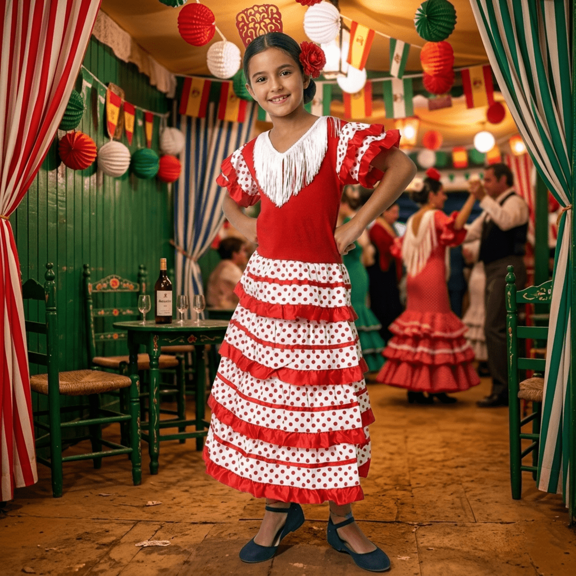 Traje de Flamenca Niña Rojo y Blanco con Lunares - Vestido de Sevillana Infantil - 3