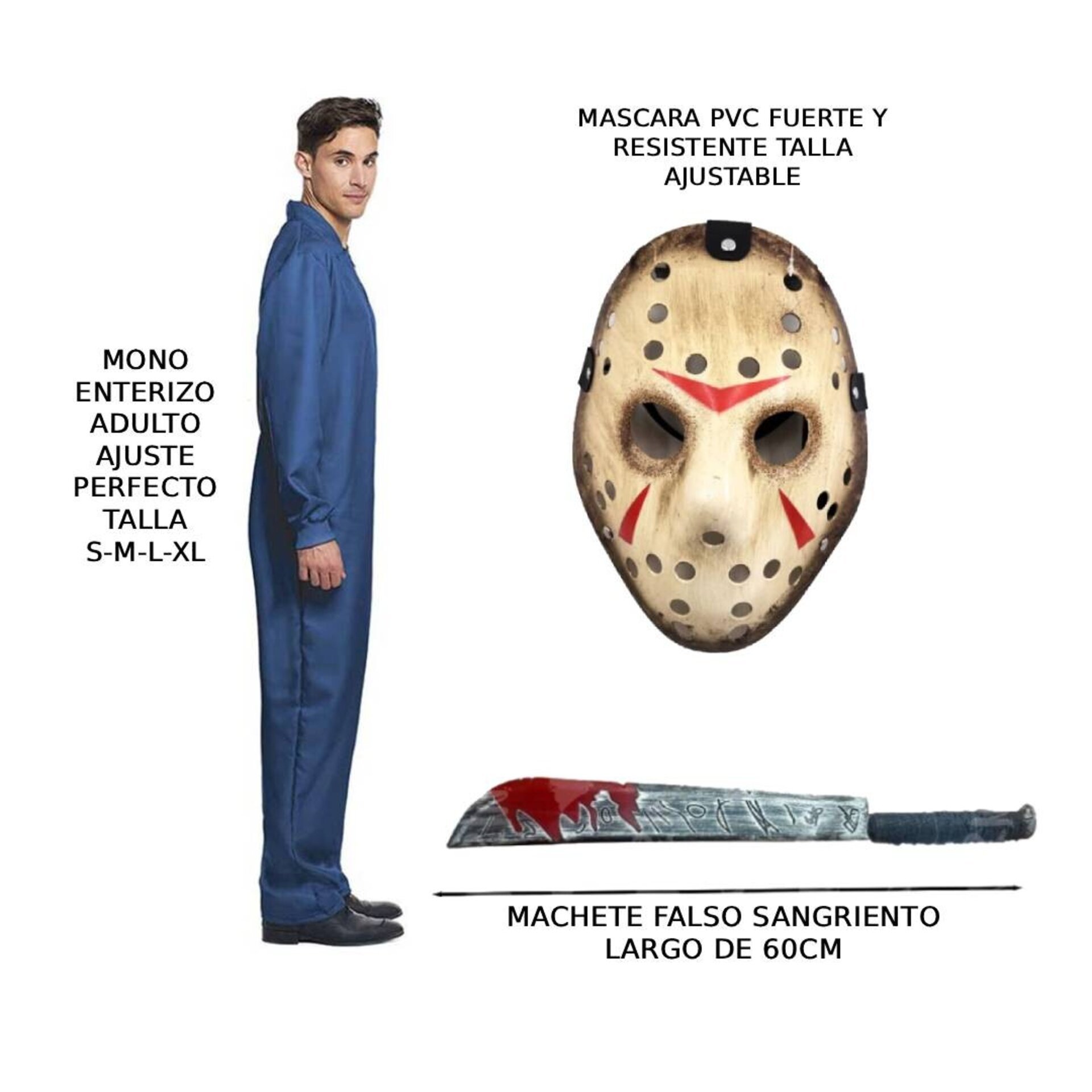 Disfraz de Terror de Jason Voorhees. Mono y Máscara de Hockey con Machete Falso. - 5