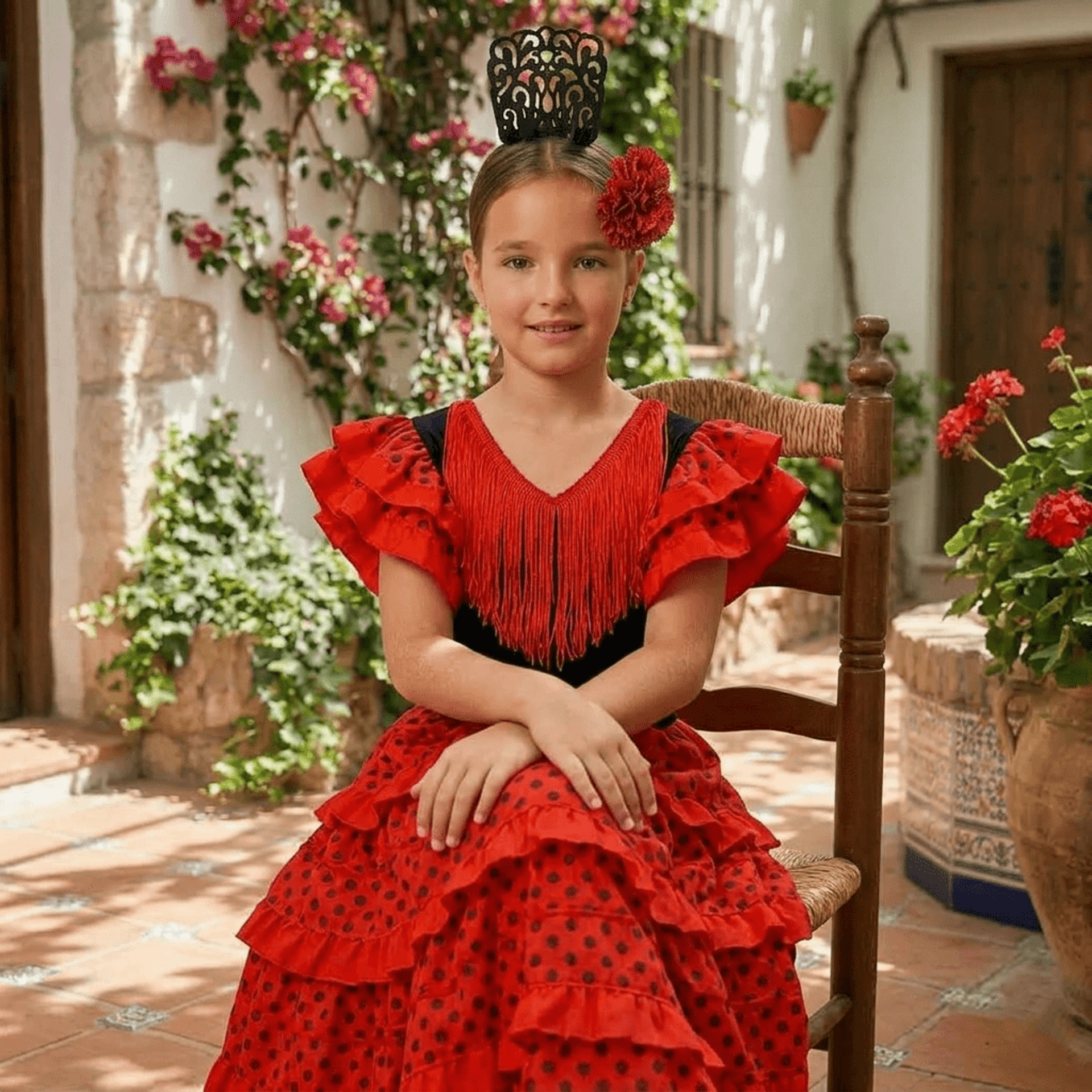 Disfraz de Flamenca para Niña - Vestido Sevillana con Volantes Rojos y Lunares - 2