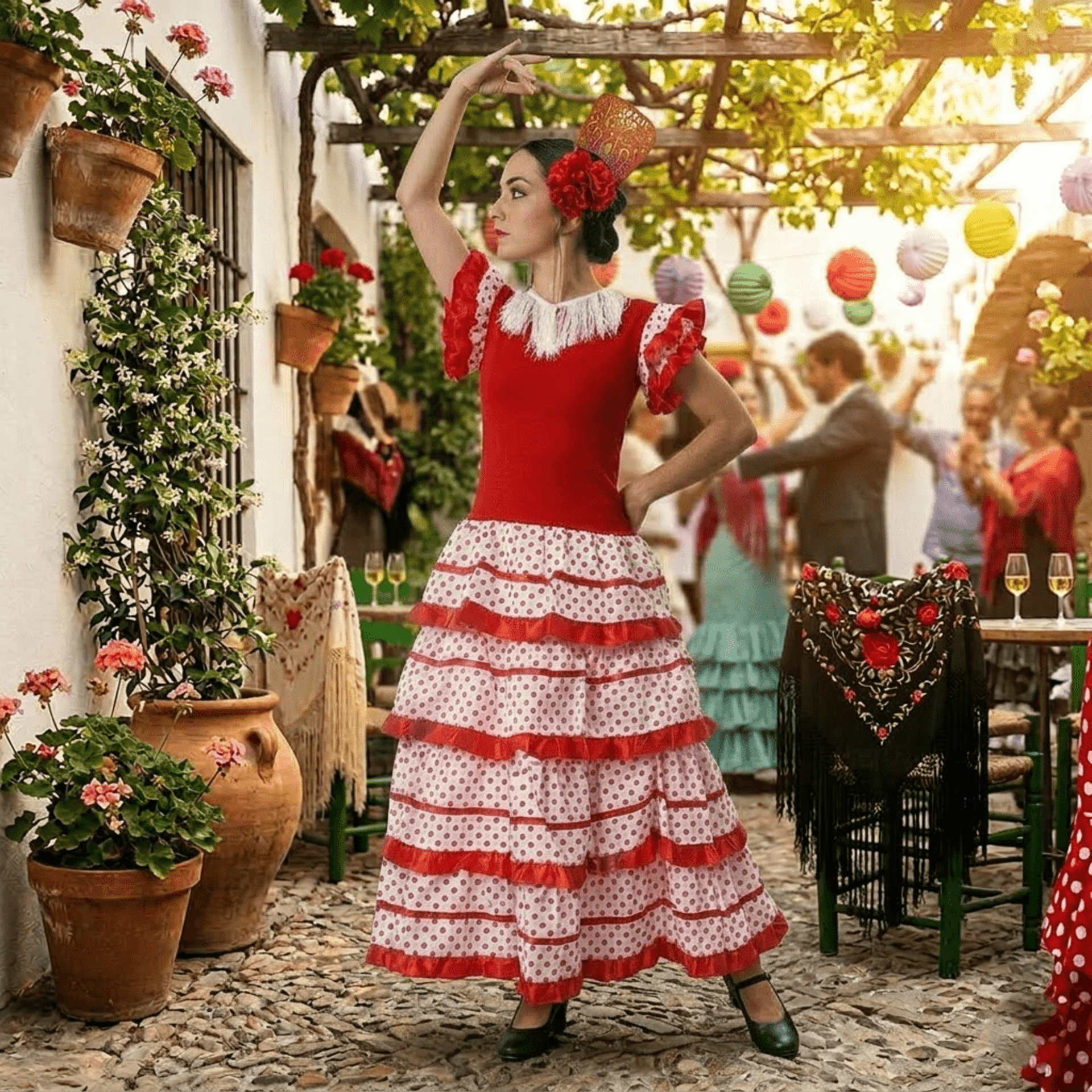Vestido de Flamenca Mujer Traje Sevillana Rojo y Lunares con Flor y Peineta - 3