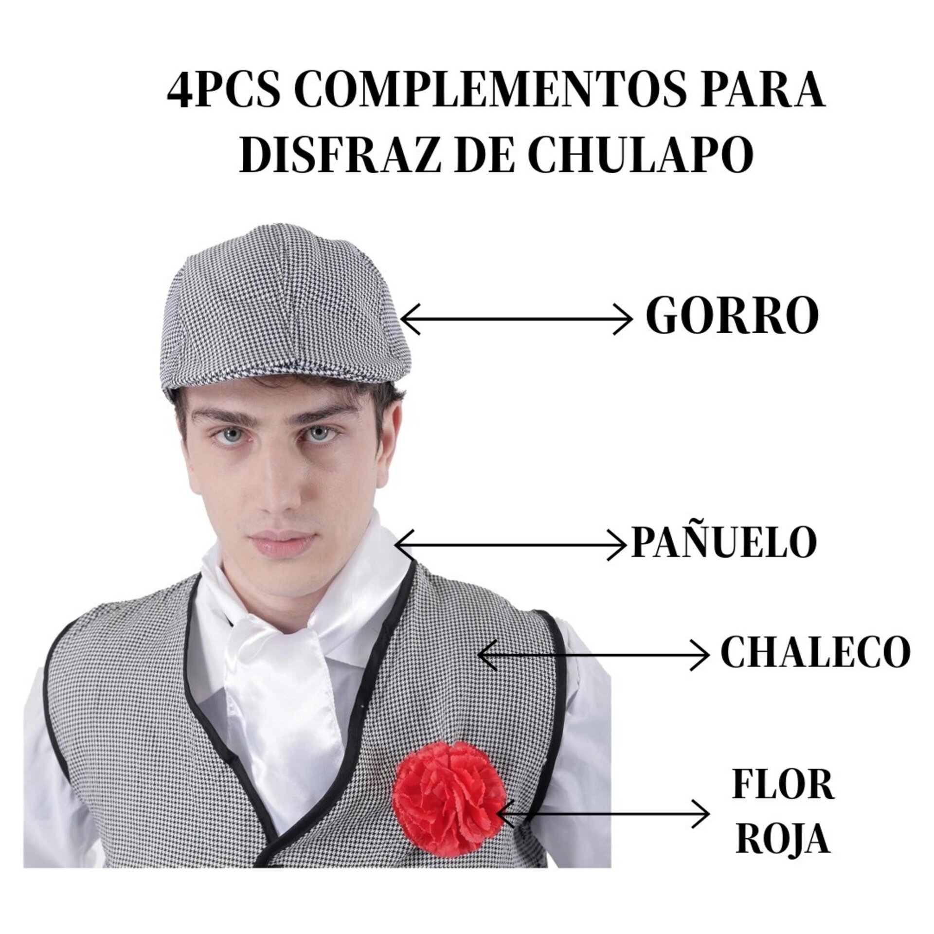 Gorra Chulapo San Isidro, Flor Clavel rojo, Pañuelo Blanco y Chaleco Adulto 4PCS - 6