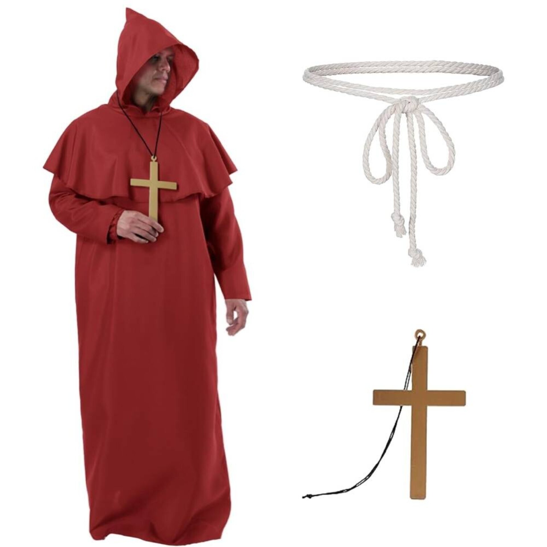 Disfraz Monje Rojo Sacerdote Adulto | Túnica Medieval Encapuchada Cruz Cinturó - 1