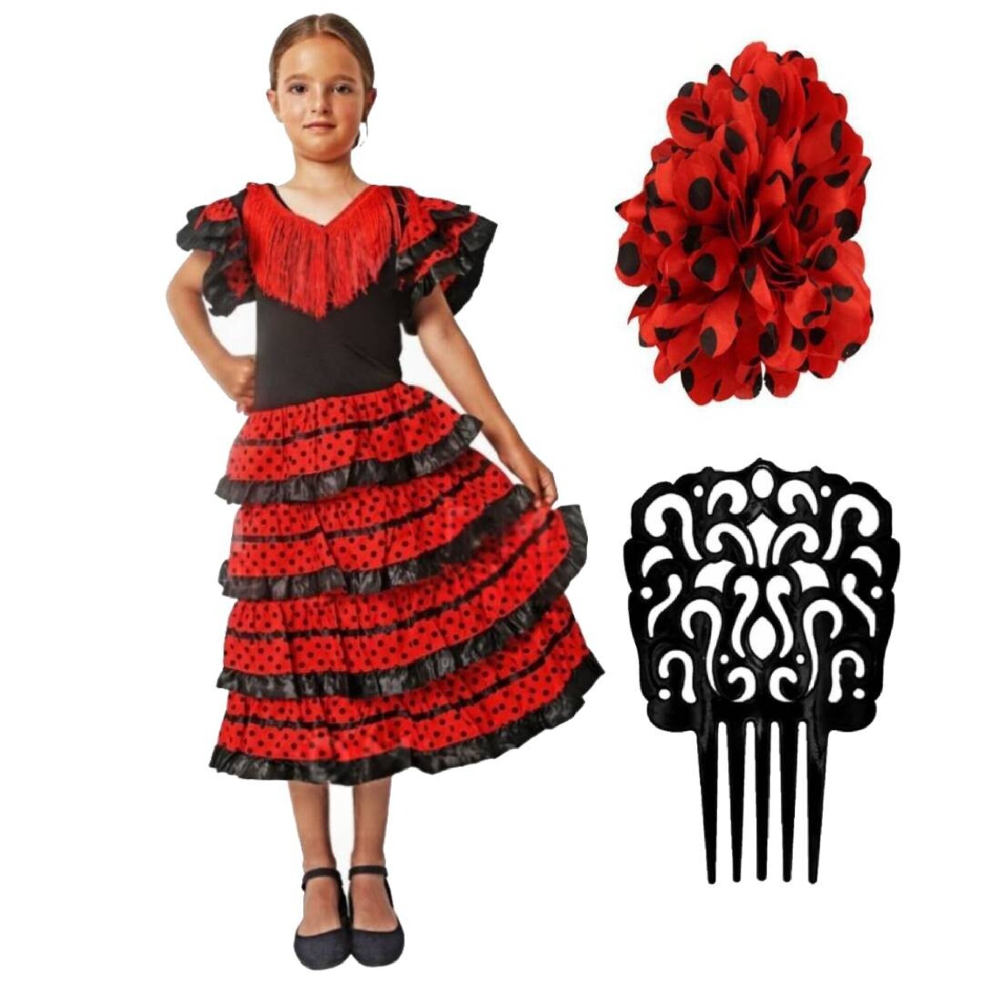 Disfraz Flamenca Niña Vestido Sevillana con Volantes y Lunares con Peine y Flor - 7