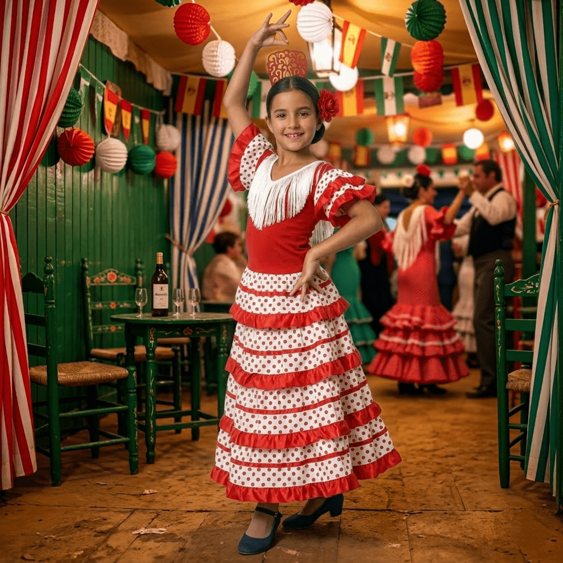 Traje de Flamenca Niña Rojo y Blanco con Lunares - Vestido de Sevillana Infantil - 8