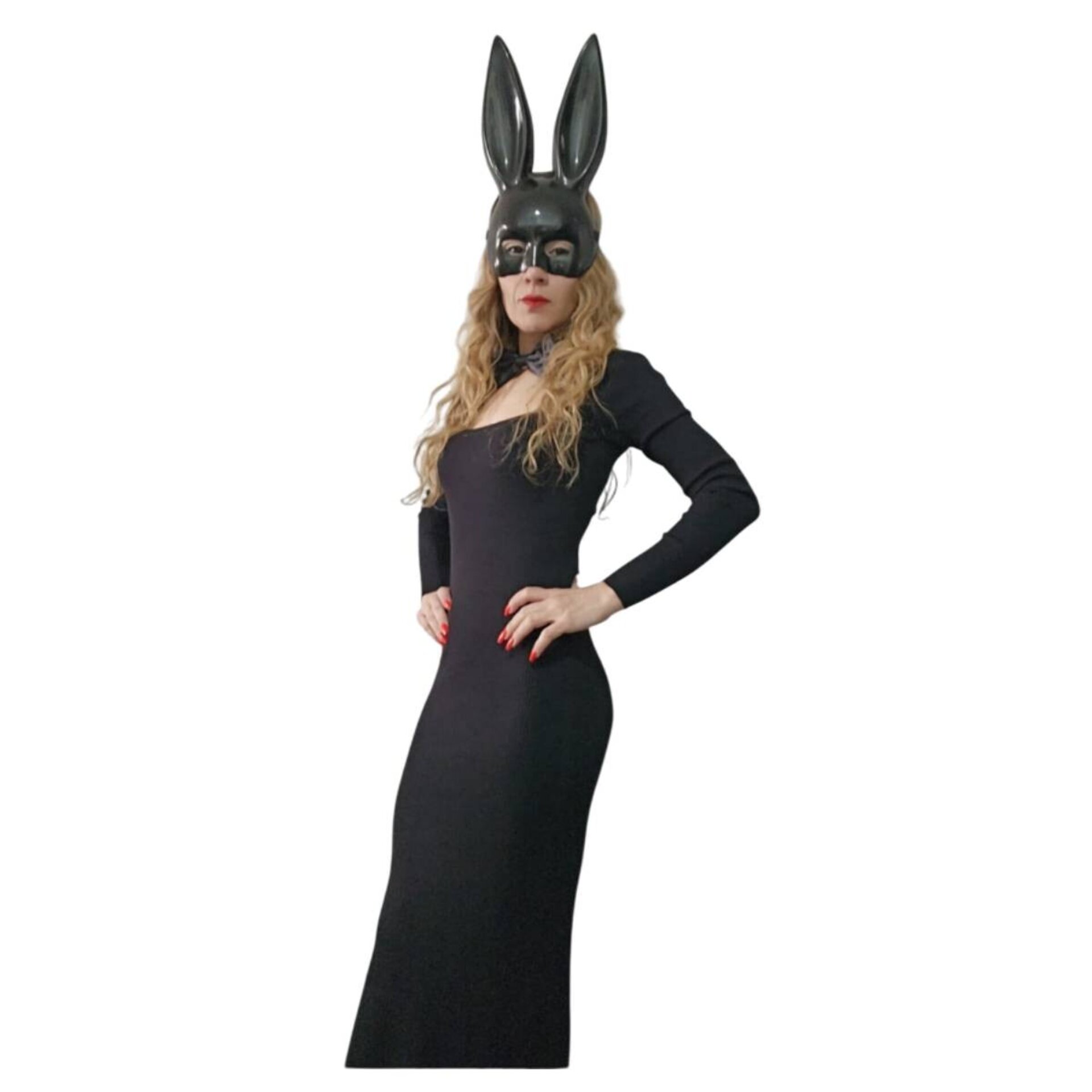 Vestido Largo Negro Disfraz Conejita Sexy con Máscara y Pajarita para Halloween - 10