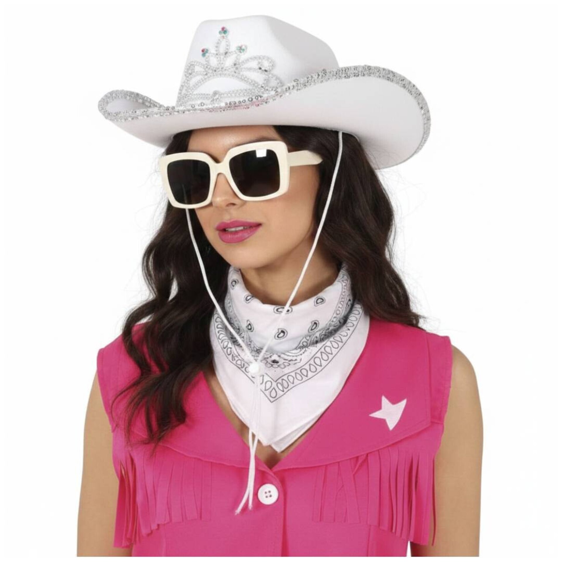 Set de 3pcs Disfraz Vaquera Blanca Lujo - Sombrero Cowboy Gafas de sol y Pañuelo - 5
