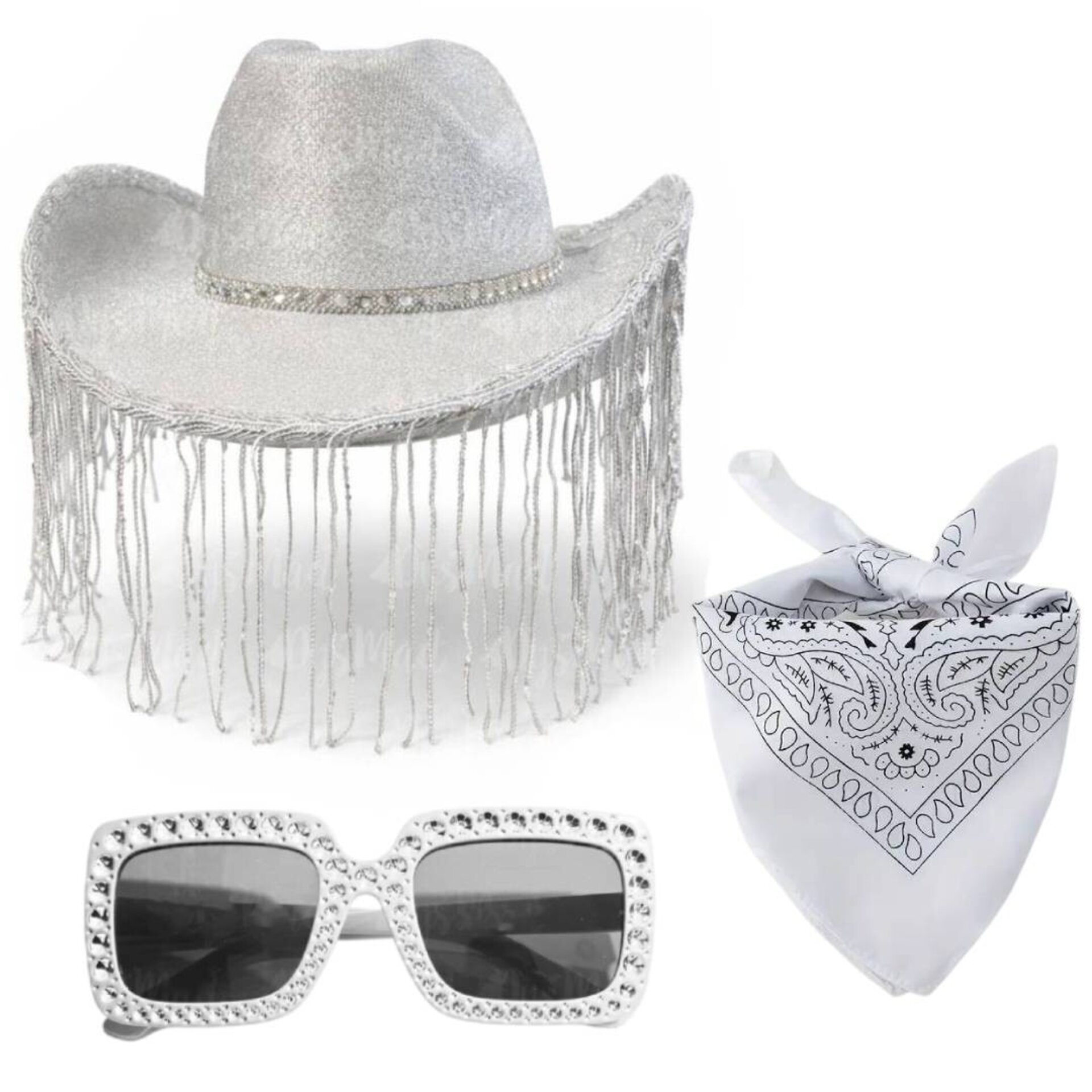 Pack Disfraz Vaquera Premium Adulto: Sombrero Cowgirl con Flecos de Lujo Blanco - 6