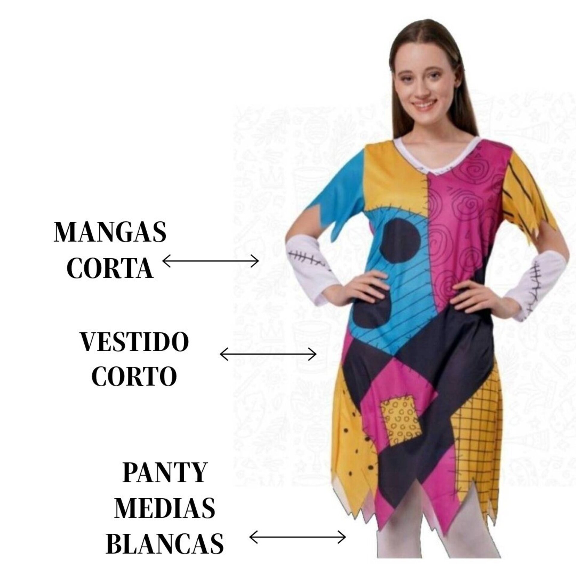 Disfraz Sally Muñeca Remendada Mujer Pesadilla Vestido Patchwork Terror - 3