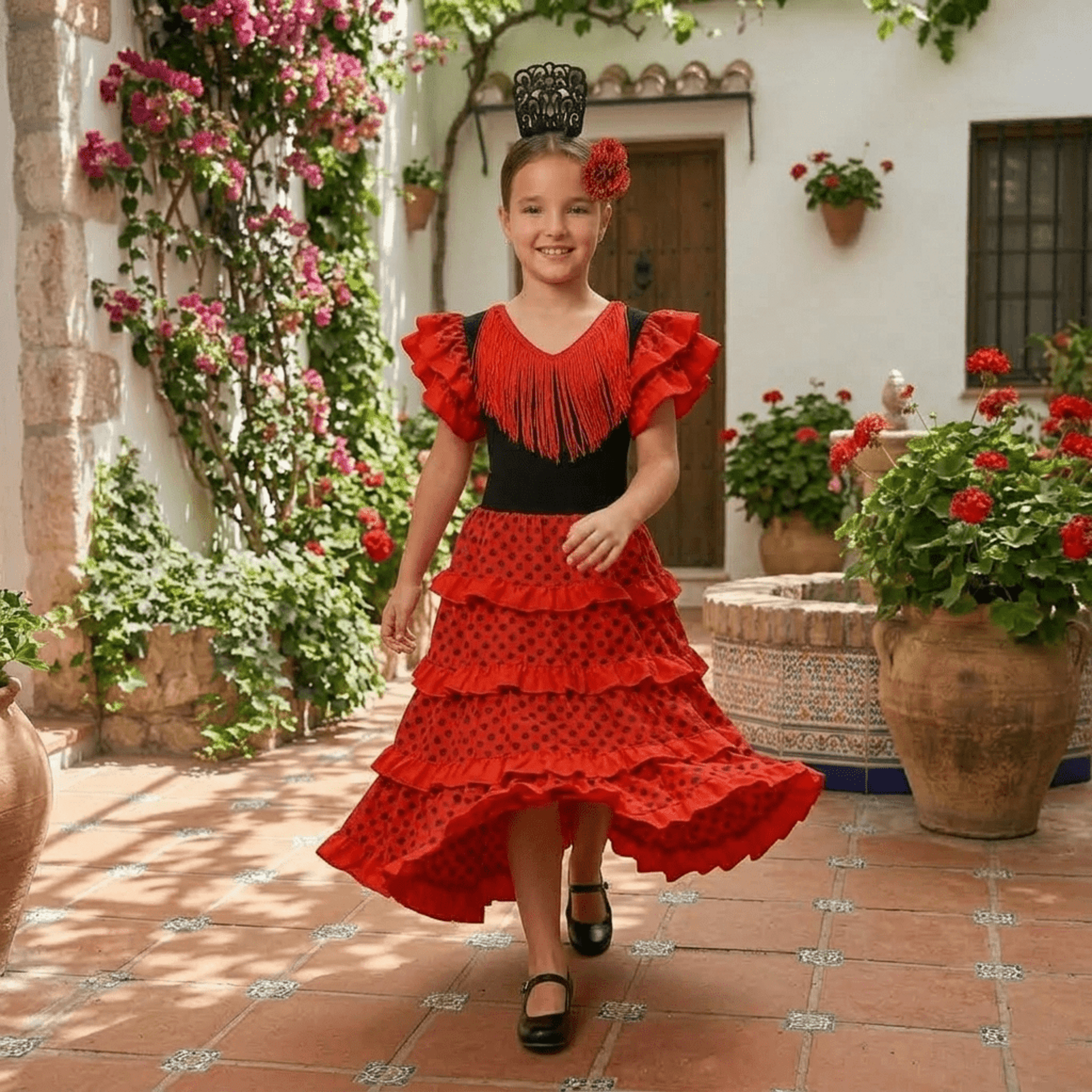Disfraz de Flamenca para Niña - Vestido Sevillana con Volantes Rojos y Lunares - 7