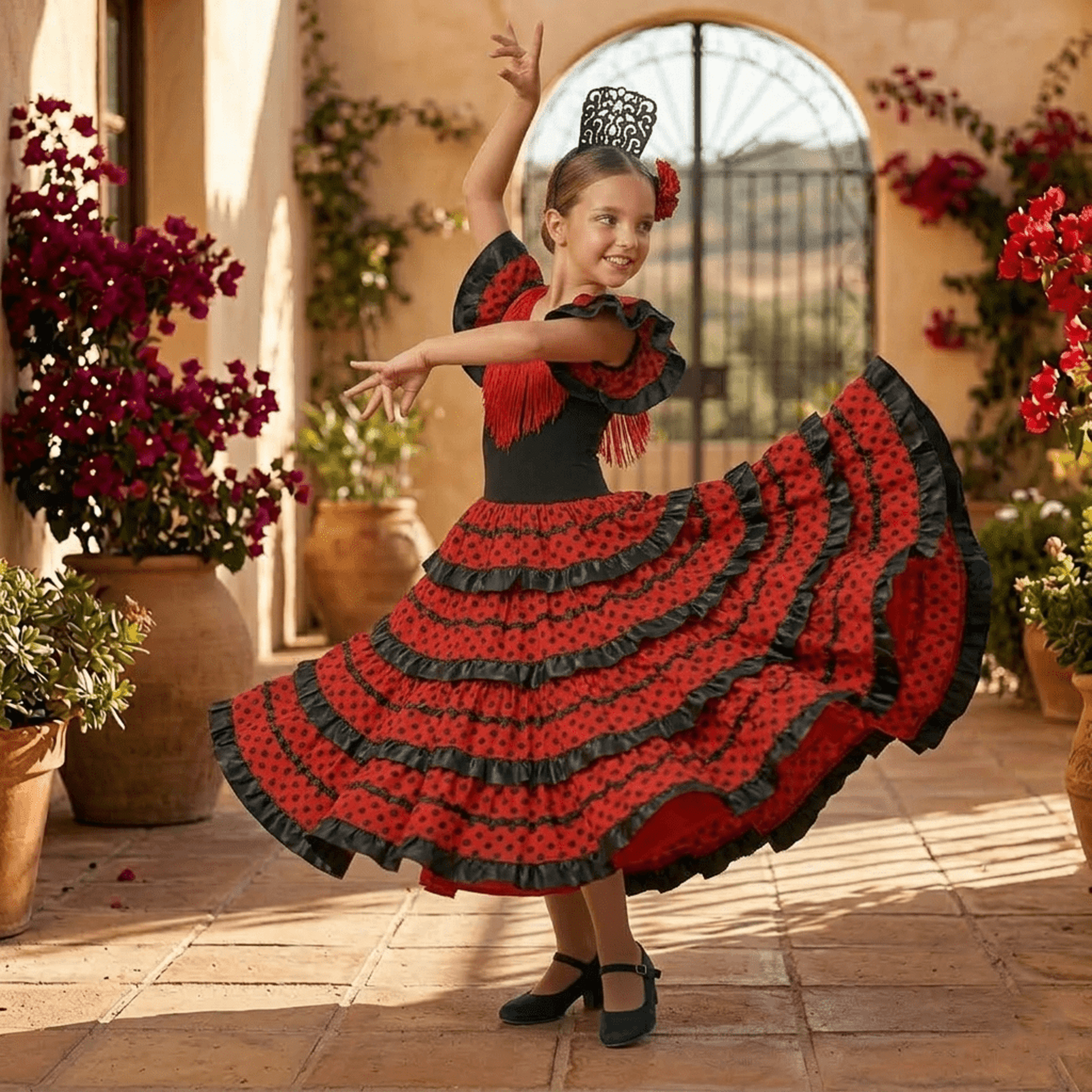 Disfraz Flamenca Niña Vestido Sevillana con Volantes y Lunares con Peine y Flor - 3