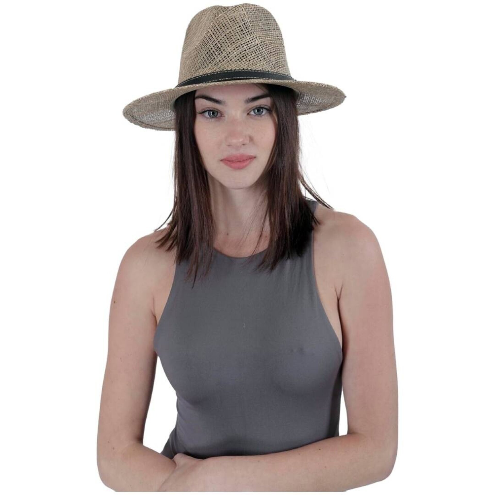 Sombrero Paja Natural Estilo Panamá, ala Ancha, Cinta Decorativa Hombre Mujer - 5