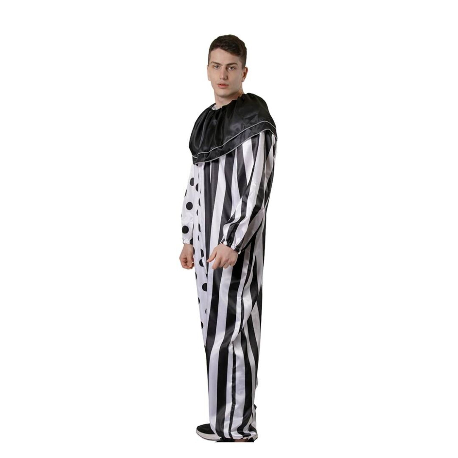 Disfraz Payaso Terror Hombre Mono Enterizo Diseño rayas lunares Blanco y Negro - 3