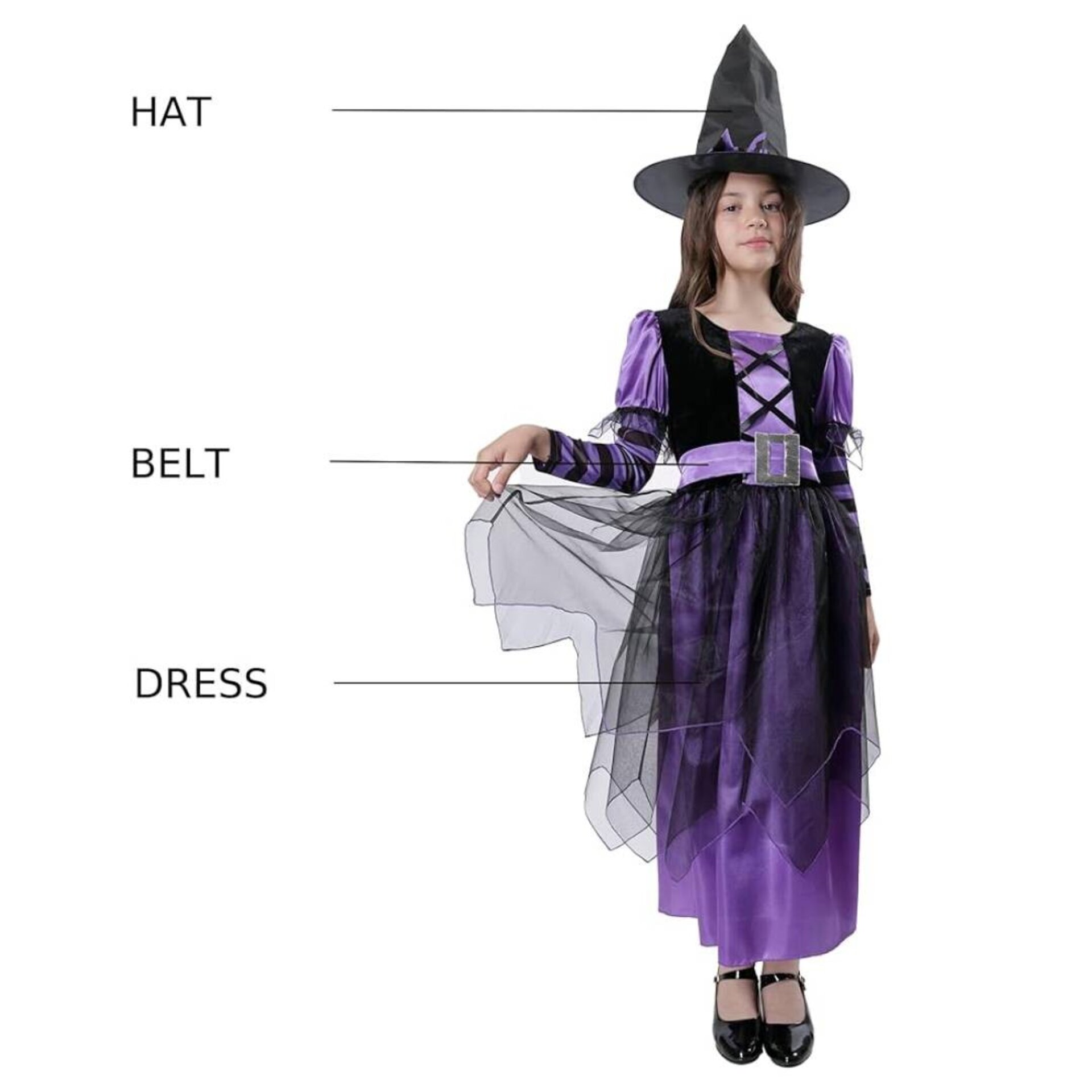 Disfraz Hechicera Bruja Niñas. Incluye Vestido y Sombrero. Tallas 3-12 Años - 3