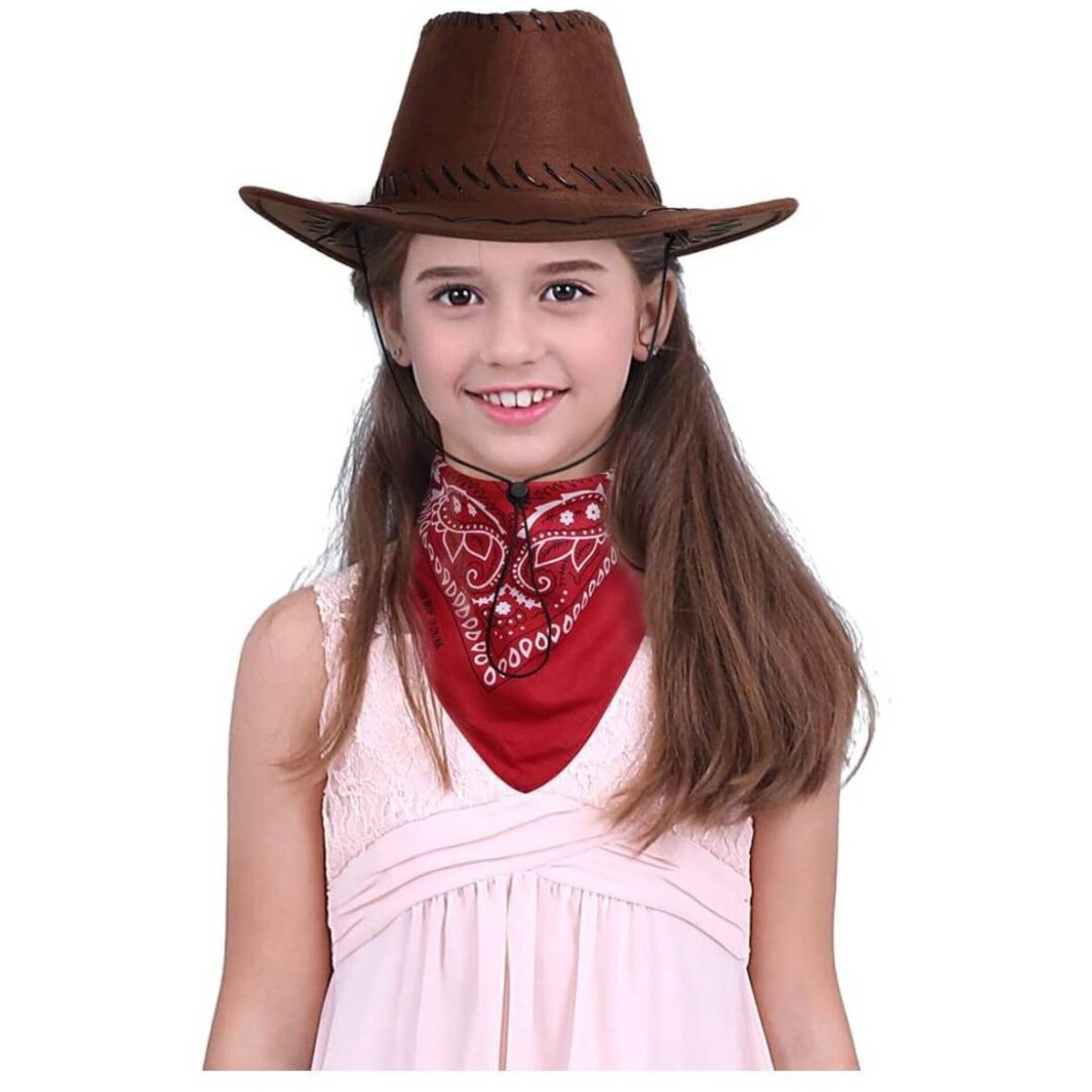 Sombrero Vaquero Cowboy Marrón Niños Con Pañuelo Western Rojo - 1