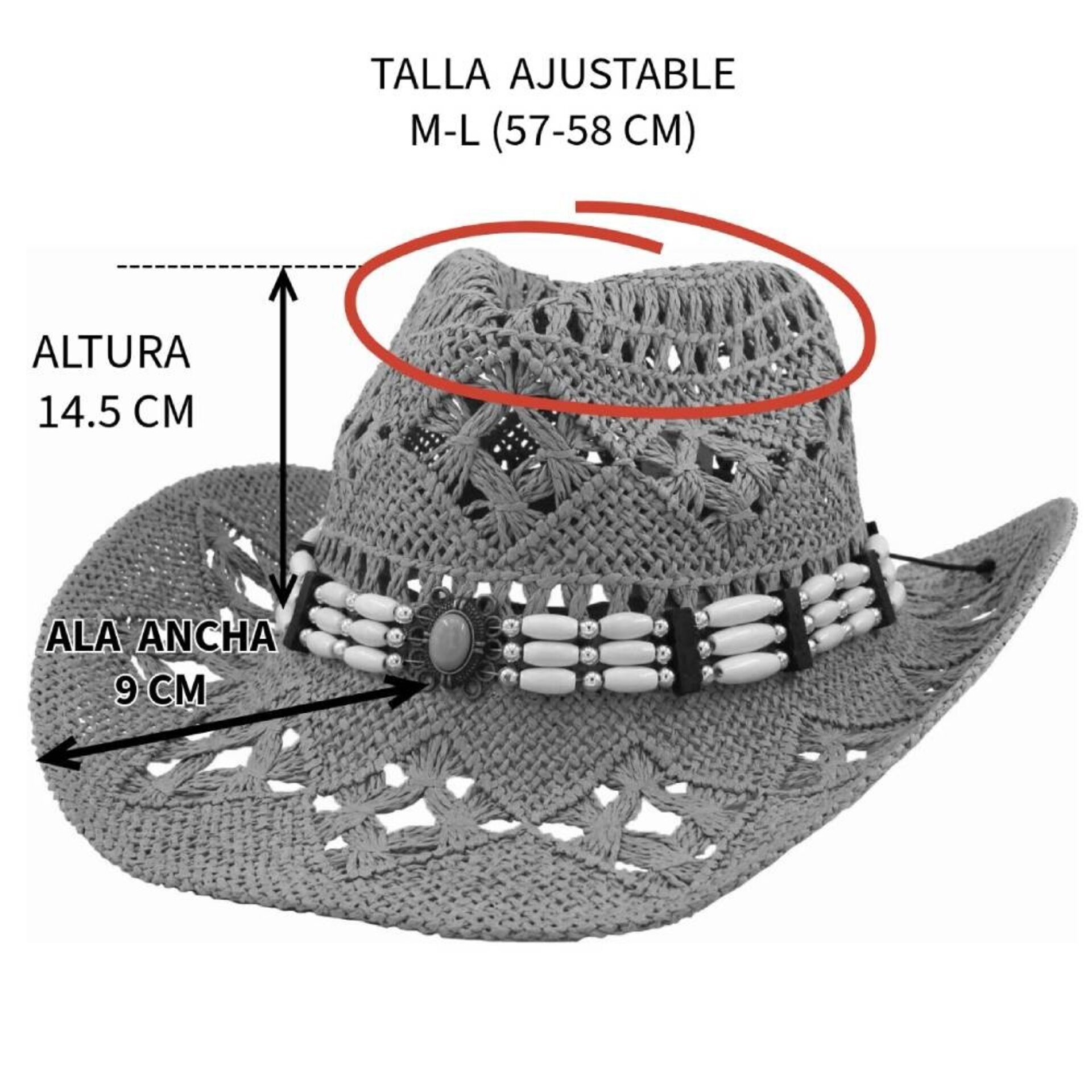 Sombrero Vaquero Paja Unisex Ajustable | Negro Cowboy Western | Alas Anchas - 5