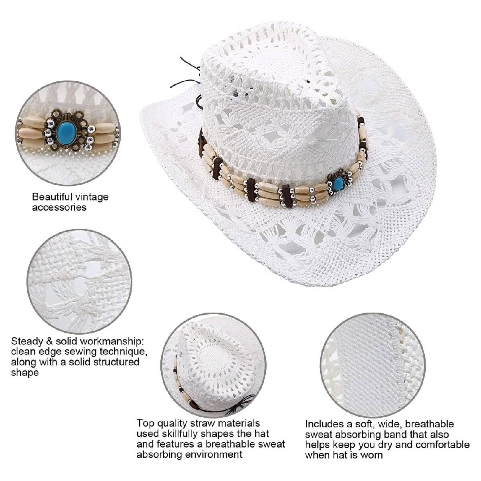 Sombrero Vaquero Cowboy Western para Mujer Blanco Talla única - 4