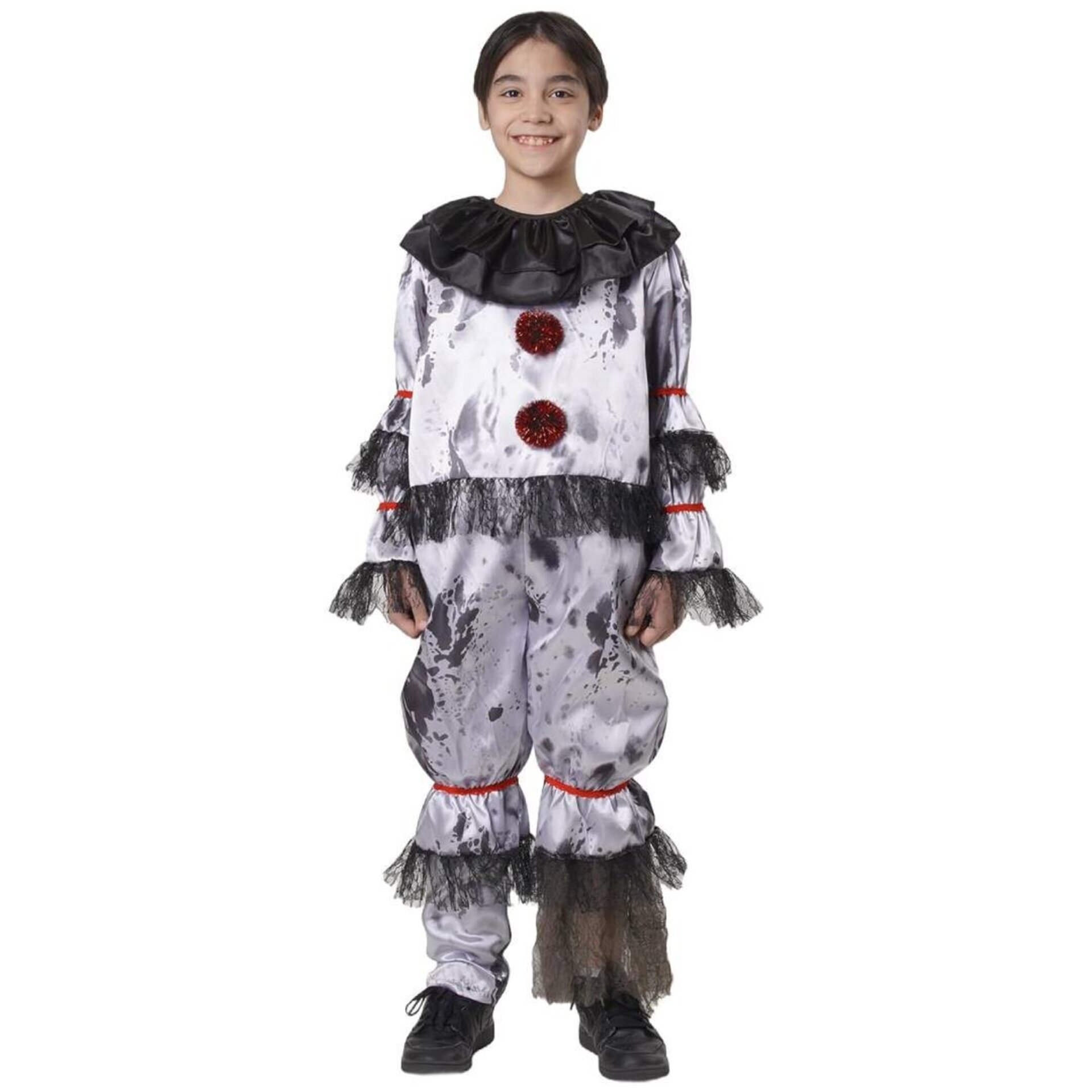 Disfraz de Payaso del Terror Infantil. Mono Gris Unisex con Encaje y Volantes. - 1