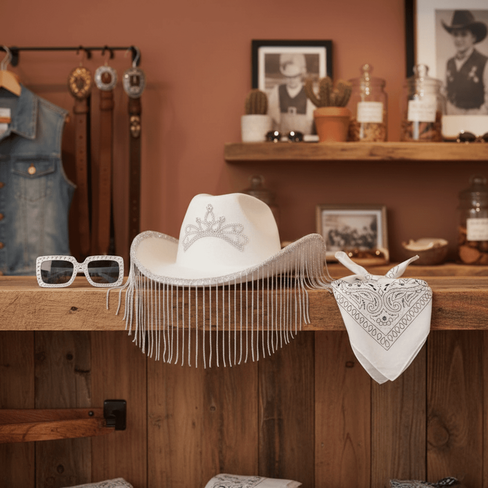 Pack Disfraz Vaquera Blanca, Sombrero Cowgirl con Flecos, Gafas y Bandana - 5