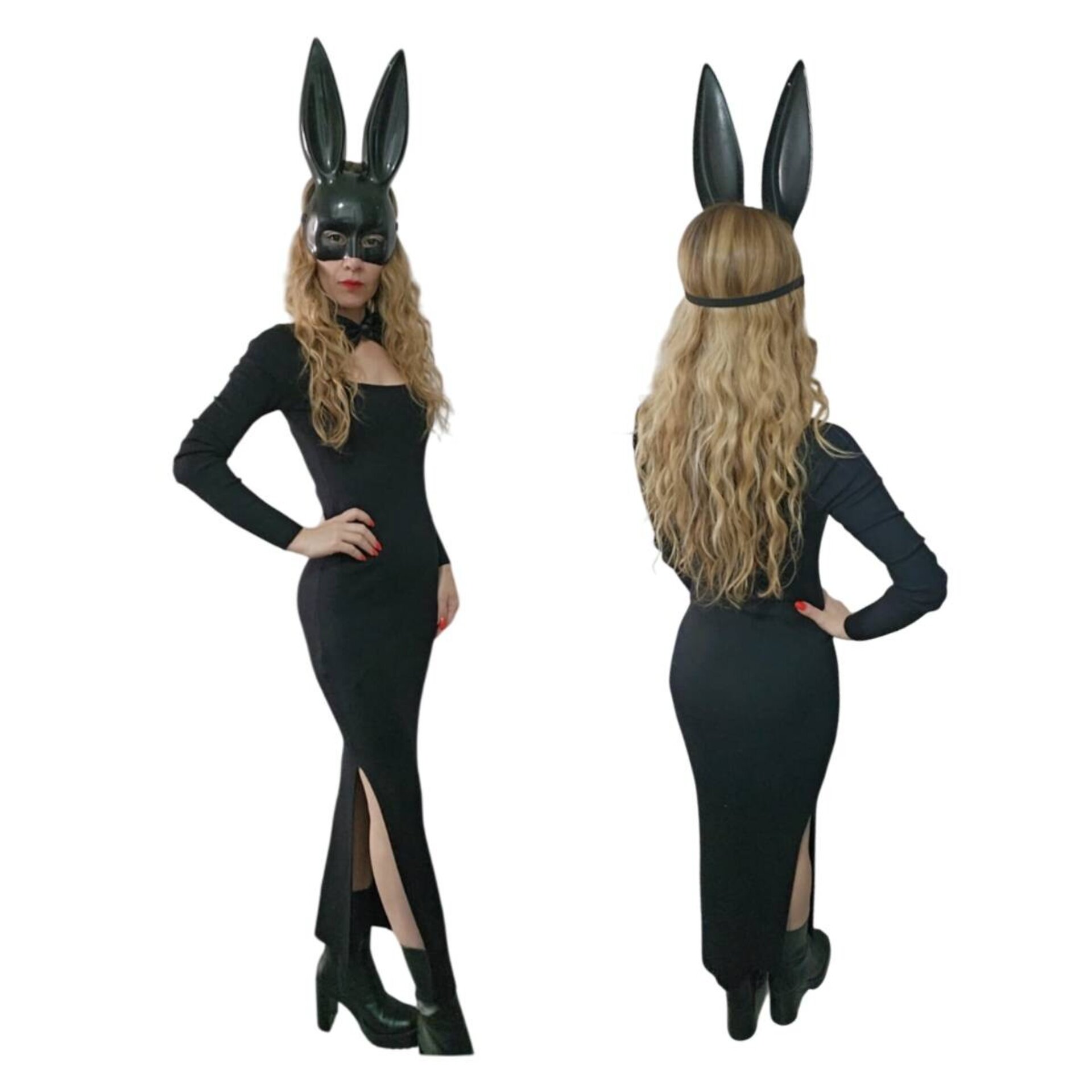 Vestido Largo Negro Disfraz Conejita Sexy con Máscara y Pajarita para Halloween - 2