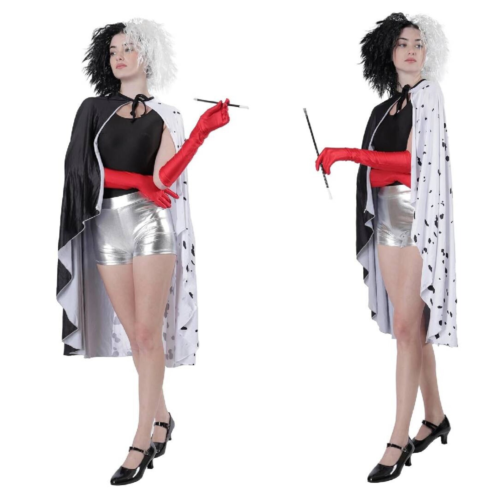 Cruella de vil Disfraz Capa con Peluca Guantes y Cigarro Varita para Mujer - 5