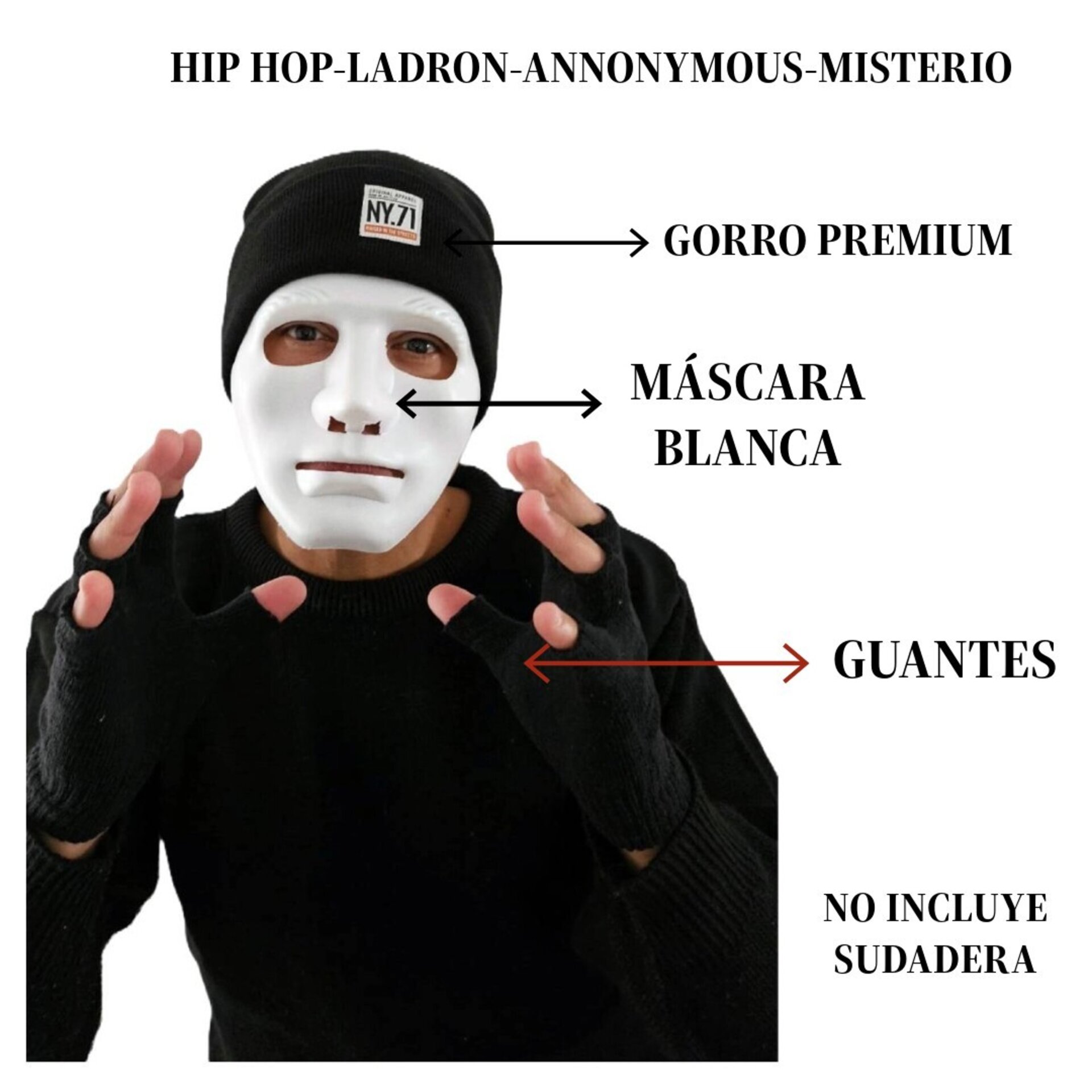 Set Disfraz Ladrón Hacker Hip Hop | Máscara Blanca, Gorro Negro, Guantes | - 9