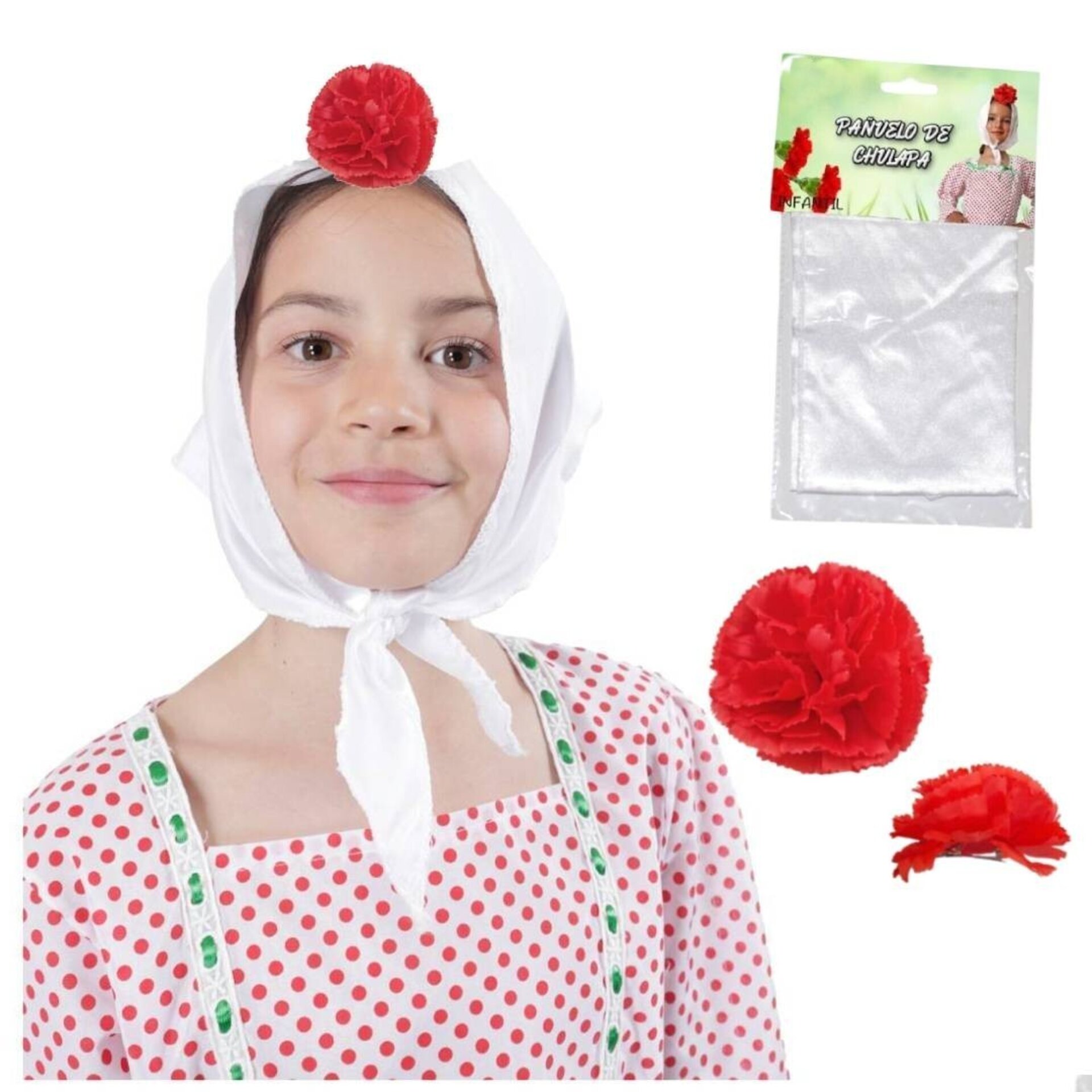 Lote 24 Accesorios Disfraz Chulapa: 12 Pañuelos Blancos + 12 Claveles para Niñas - 6