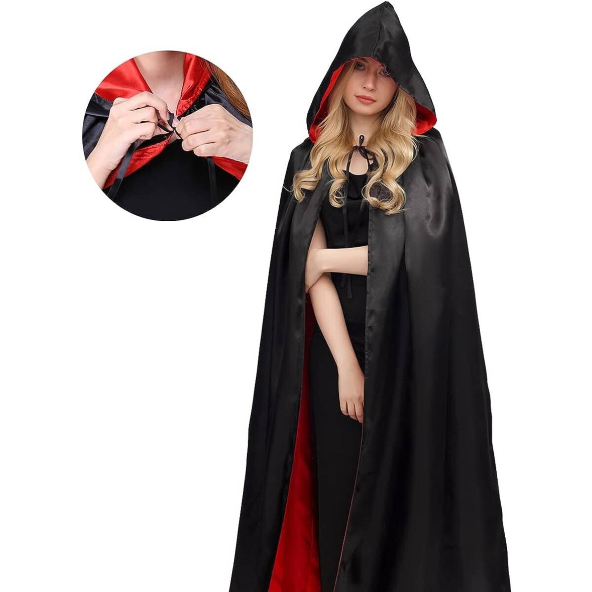 Capa Medieval con capucha Reversible doble cara en Negro y Rojo para disfraz - 6