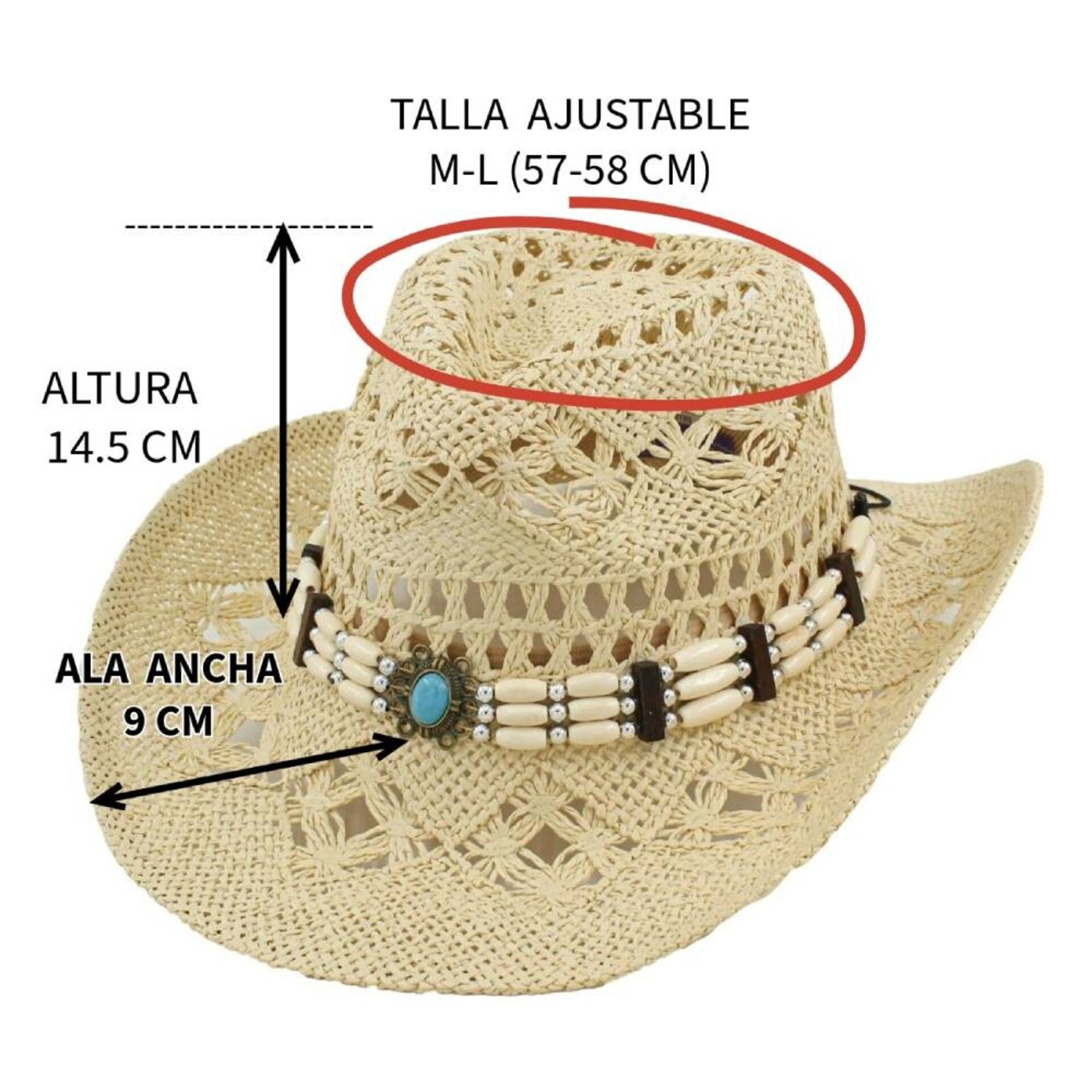 Sombrero Vaquero Paja Beige | Unisex Cowboy Western | Alas Anchas Talla Adulto - 4
