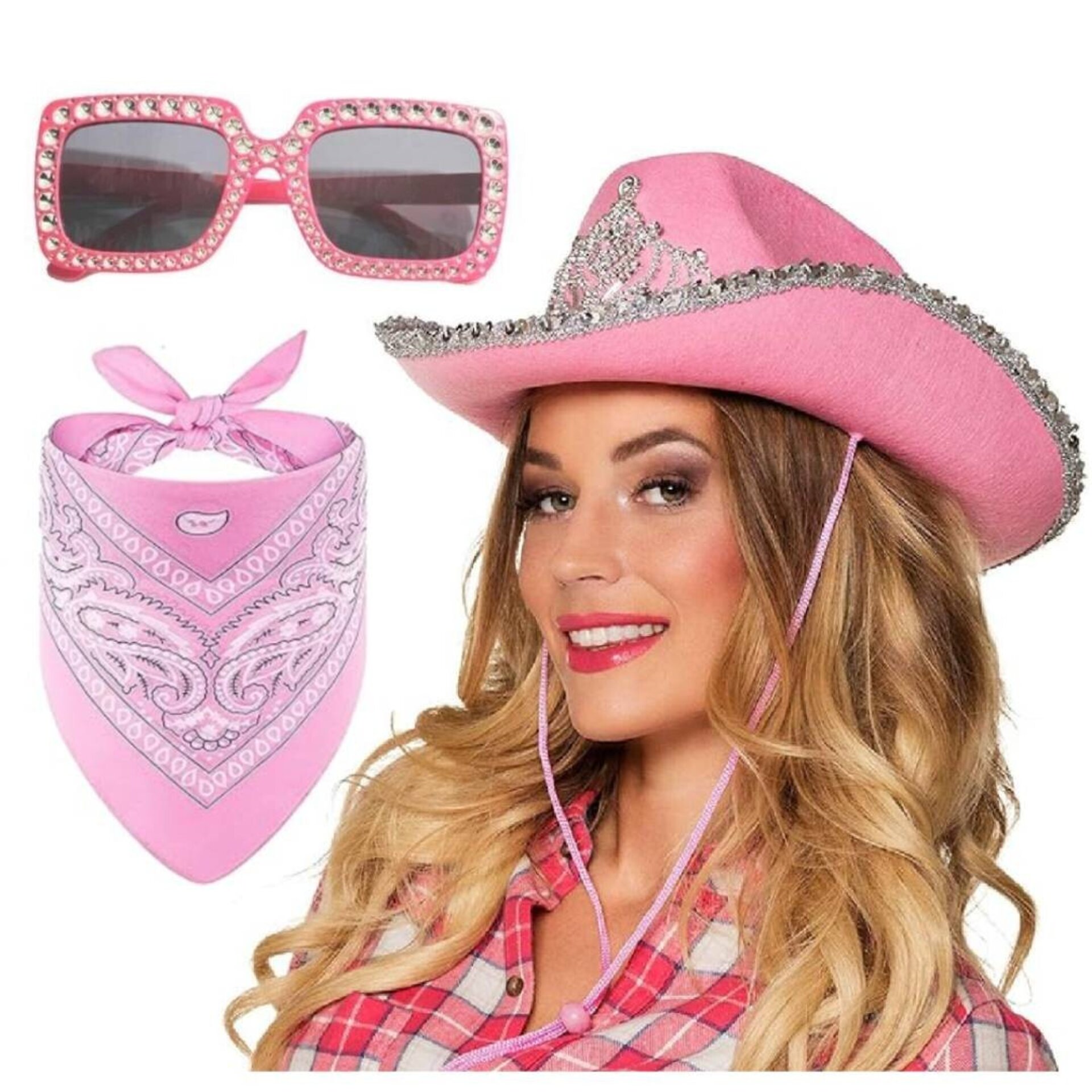 Set de Vaquera Rosa Premium: Sombrero Cowgirl, Gafas de Sol, Bandana - 6