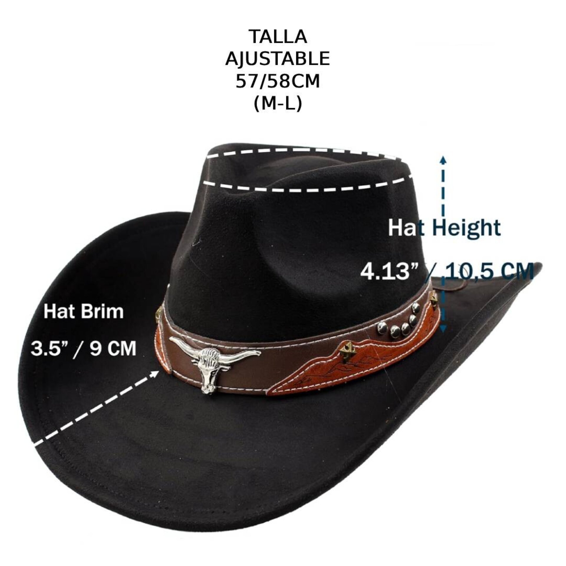 Sombrero Vaquero Fieltro Negro Gamuza Sintético Cowboy Western Adulto Ajustable - 7