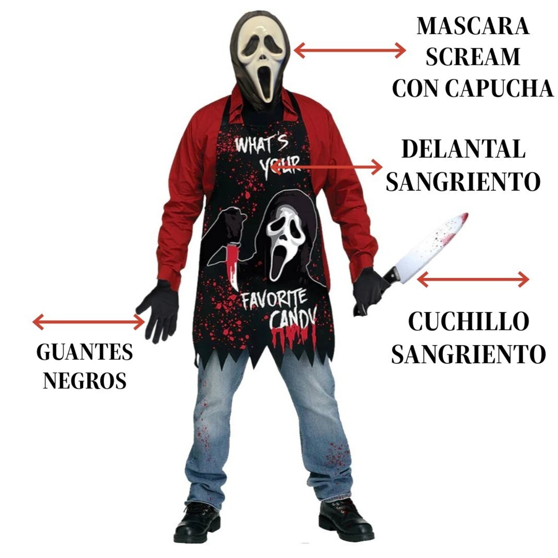 Set de Scream con Delantal, Cuchillo Sangriento, Máscara y Guantes Adulto - 4