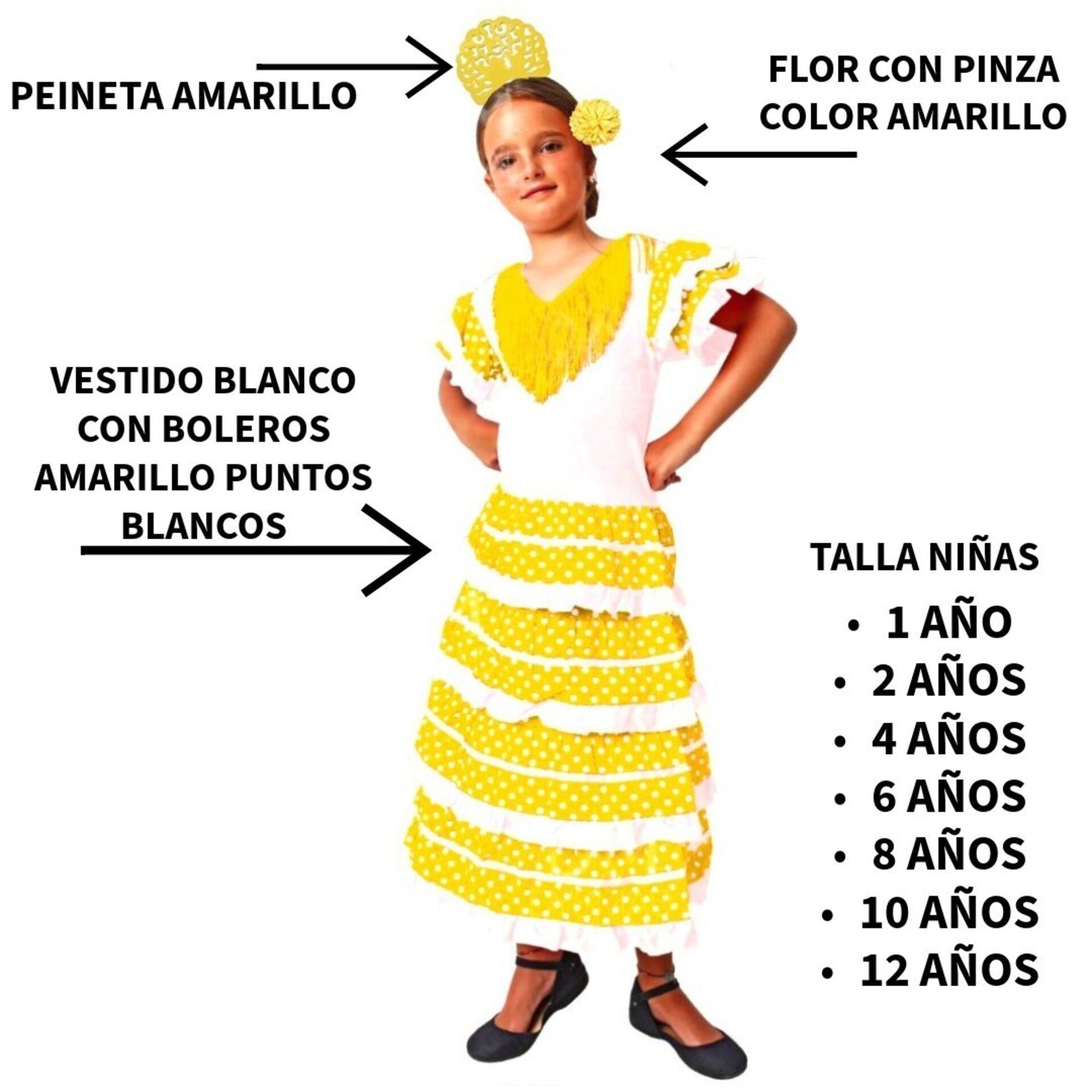 Vestido Flamenca Niña | Traje de Sevillana con Lunares, Peineta y Flor - 4