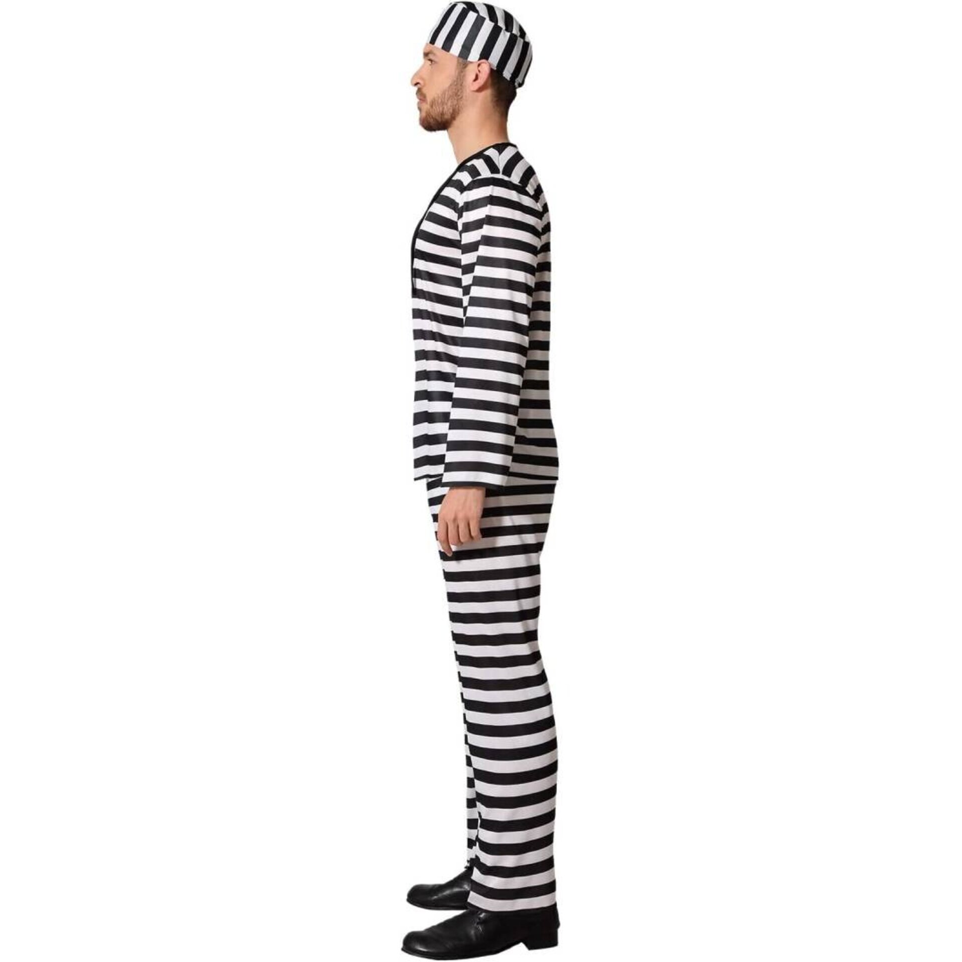 Disfraz Clásico Prisionero Adulto Preso | Rayas Blanco/Negro + Gorro y Esposas - 5