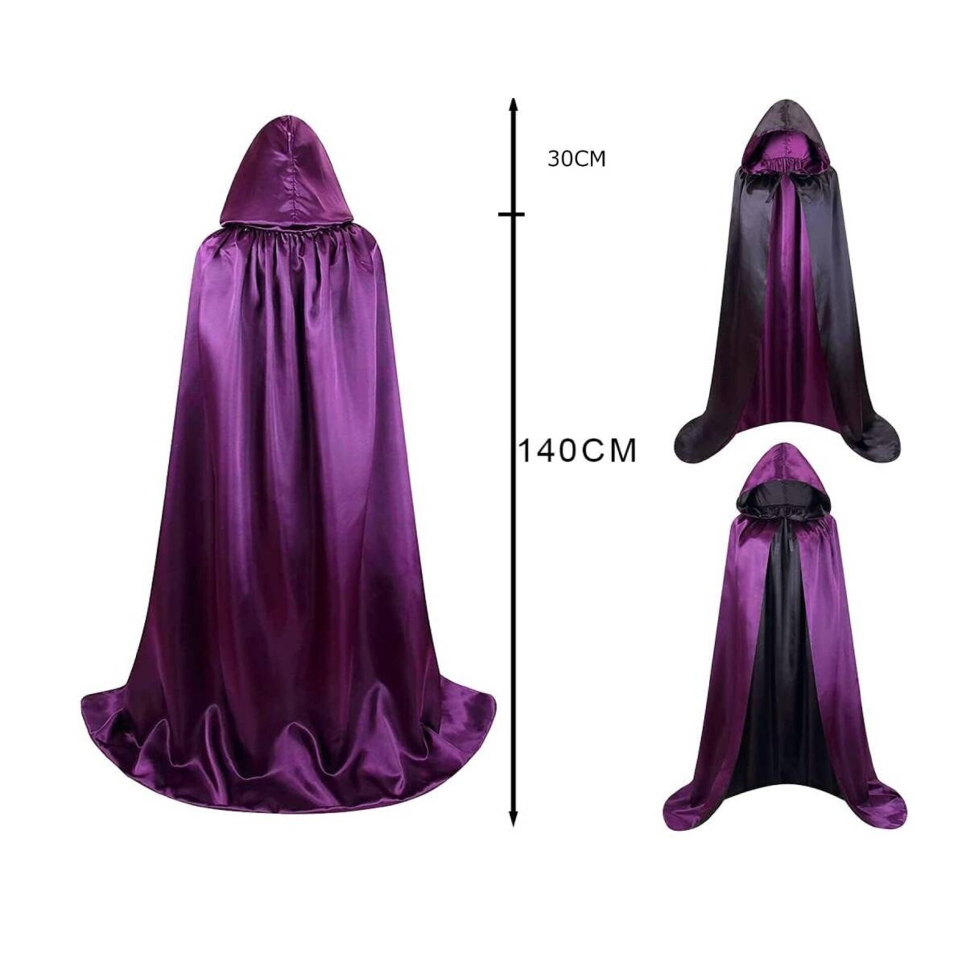 Capa Medieval con capucha Reversible doble cara en Negro y Morado para disfraz - 2