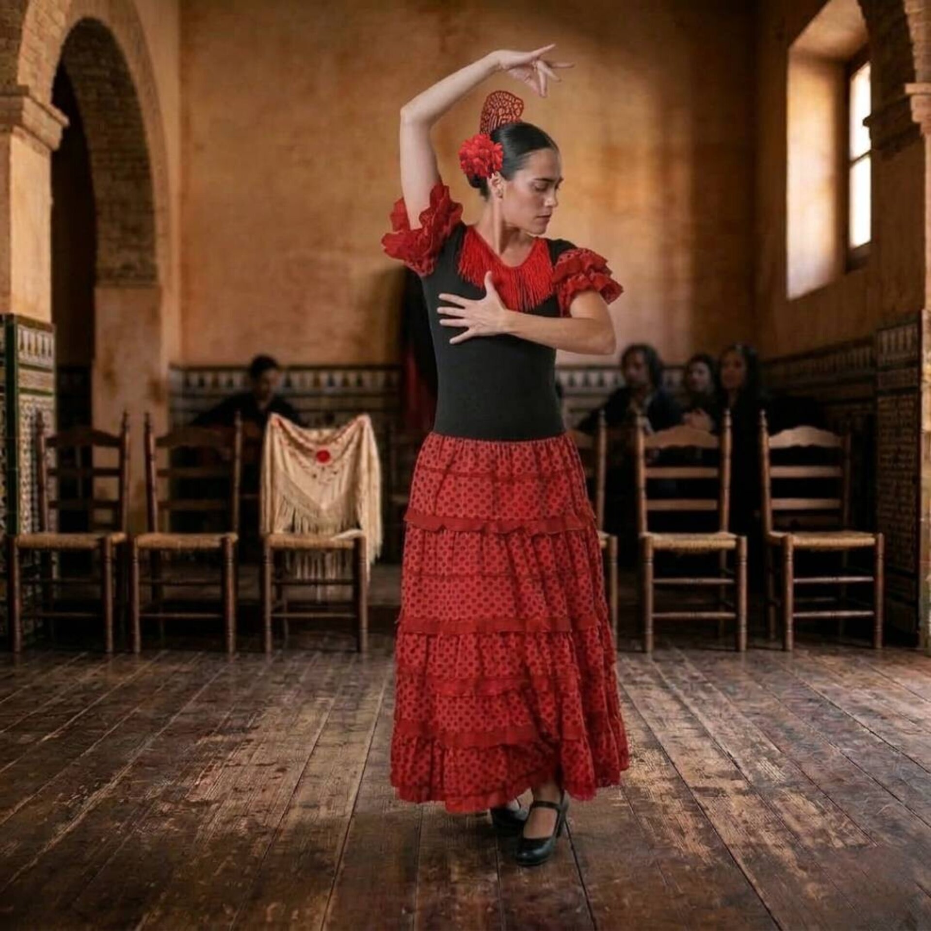 Vestido de Flamenca para Mujer Adulta con Peineta y Flor Roja - Traje de Sevilla - 6