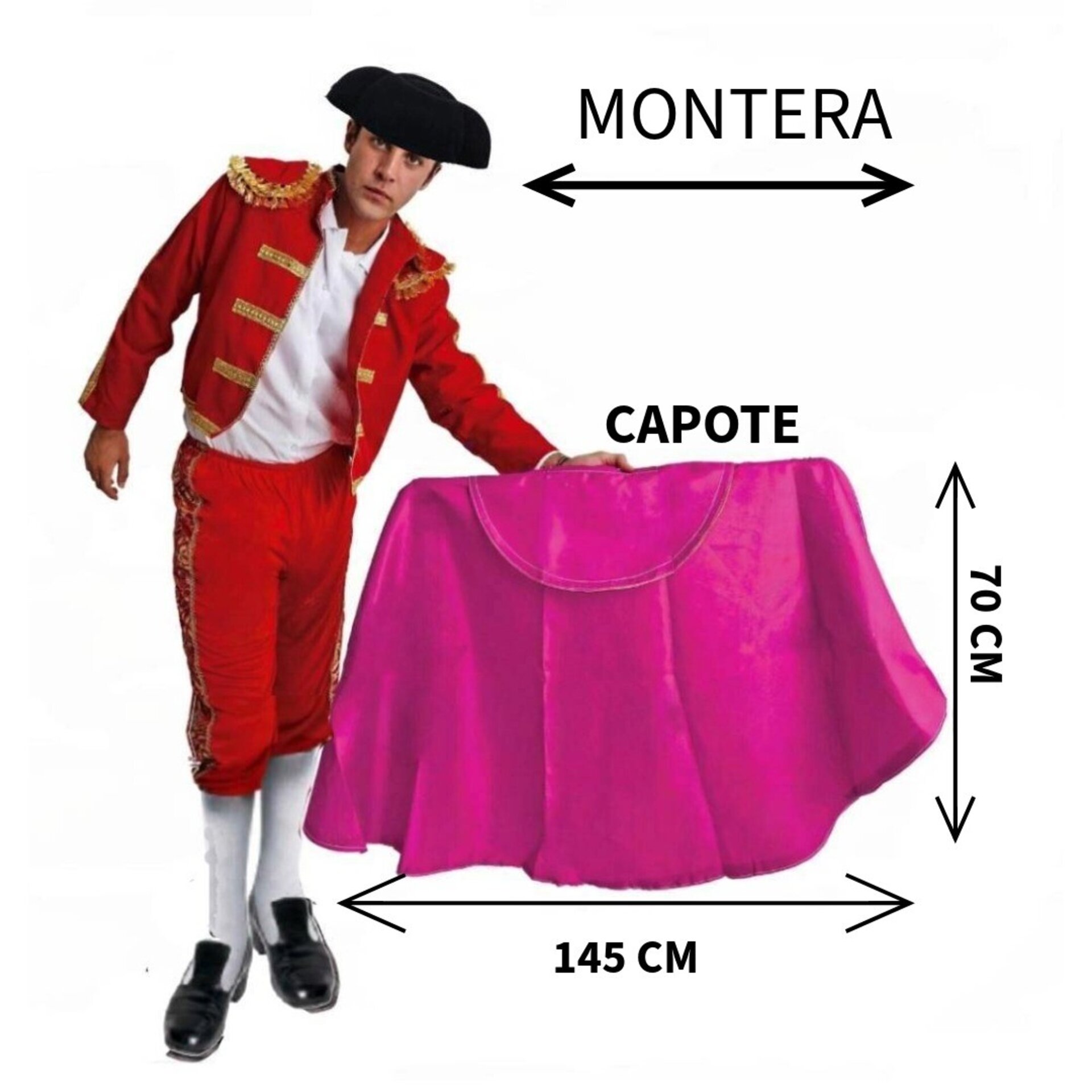 Kit Torero Español Adulto: Capote Rosa 145x70cm y Montera Ajustable para Disfraz - 11
