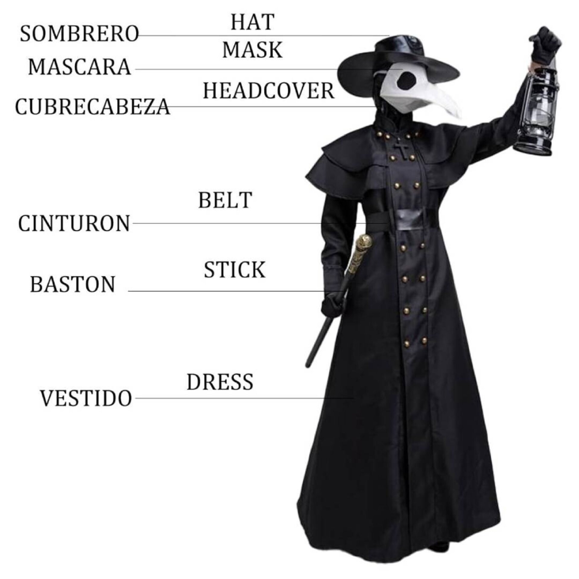 Disfraz Medico Peste Negra Unisex Túnica Steampunk Máscara Sombrero Bastón - 3