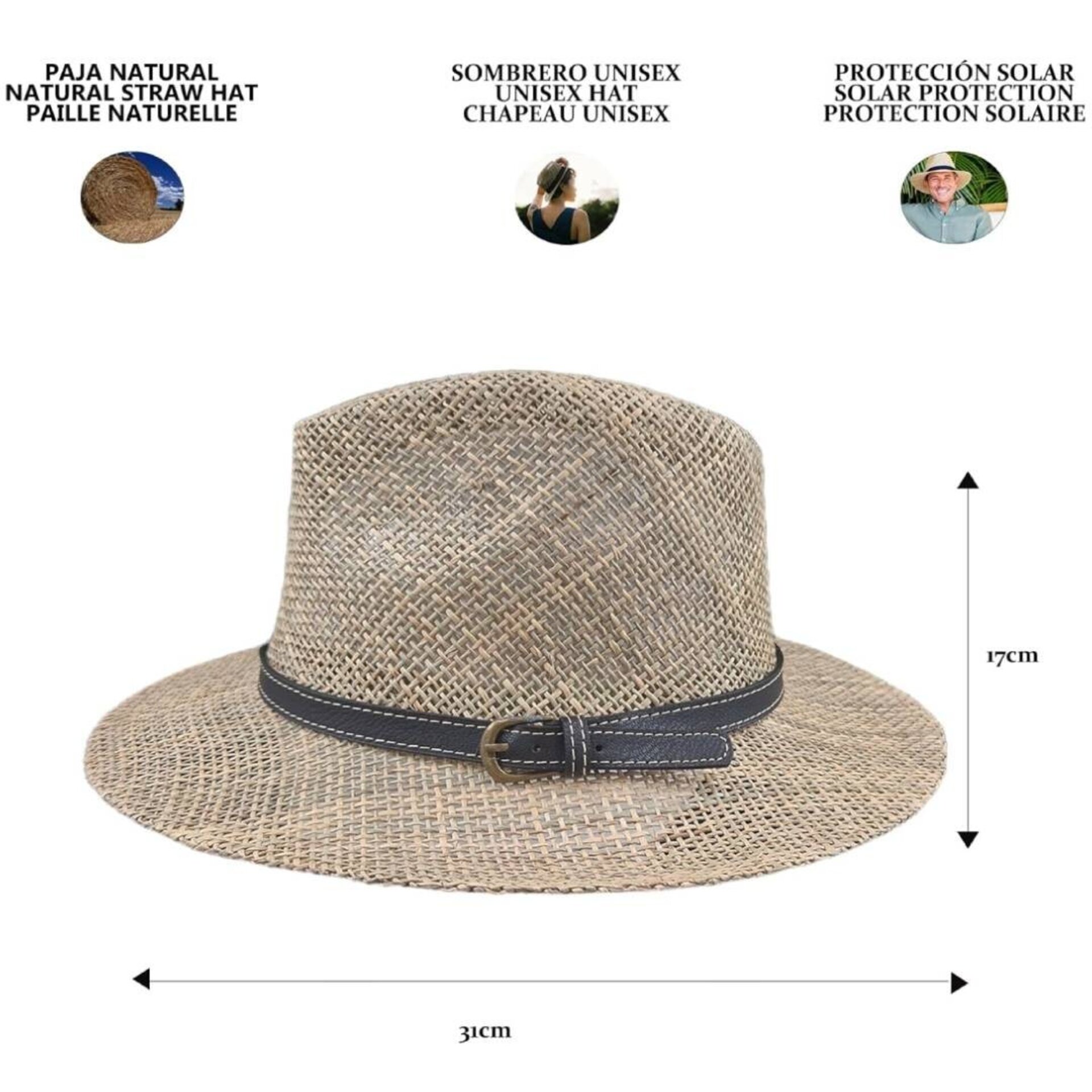 Sombrero Paja Natural Estilo Panamá, ala Ancha, Cinta Decorativa Hombre Mujer - 7