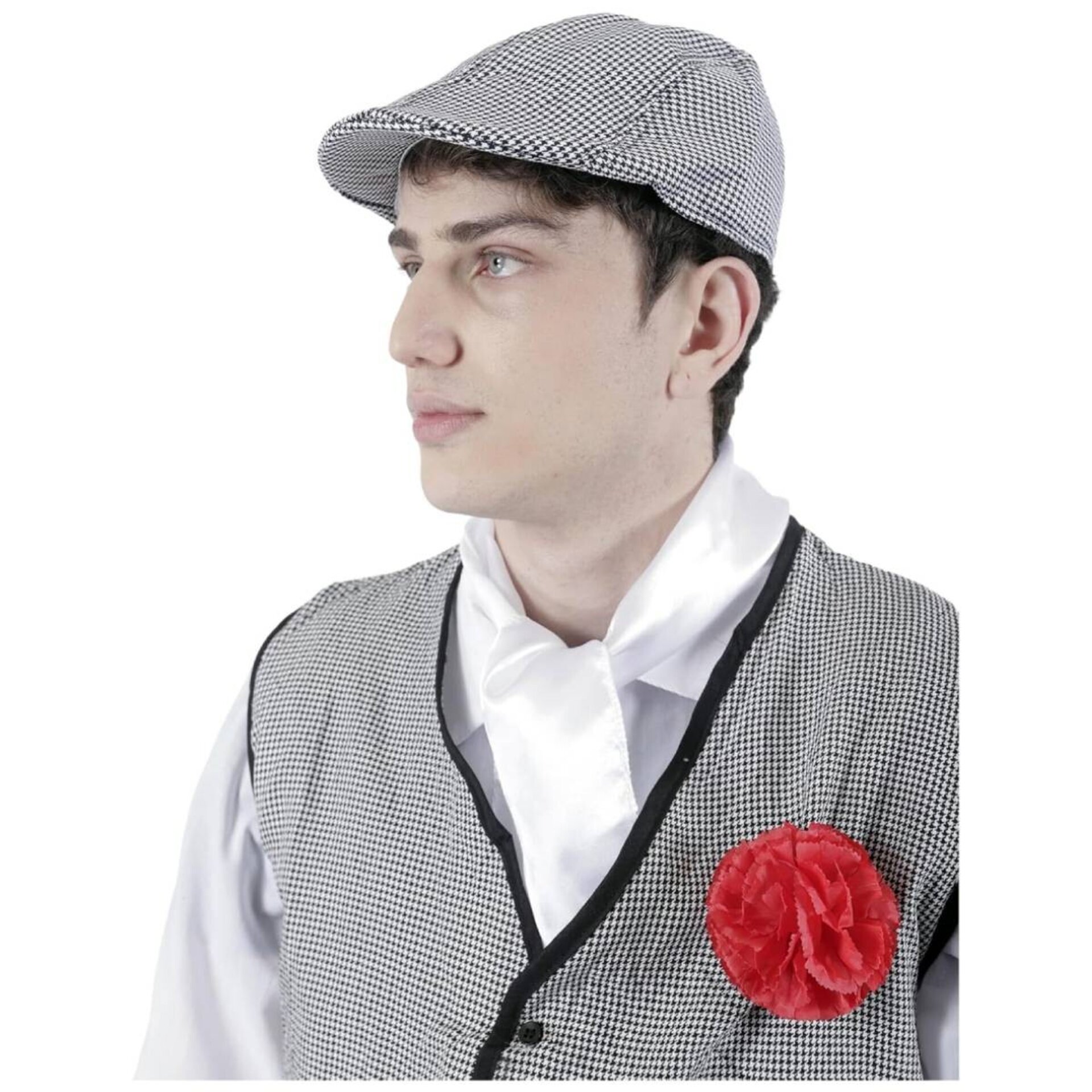 Gorra Chulapo San Isidro, Flor Clavel rojo, Pañuelo Blanco y Chaleco Adulto 4PCS - 4