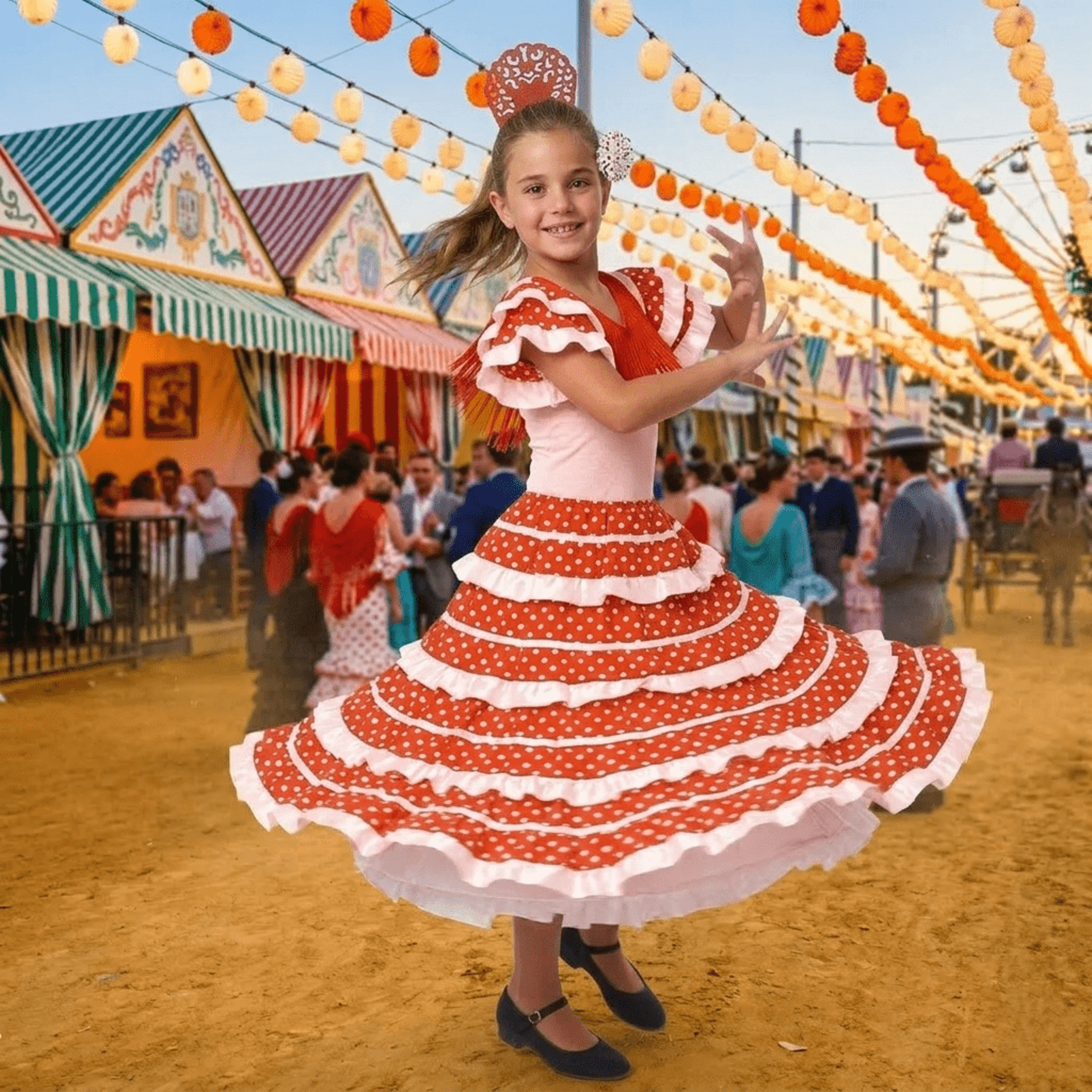 Vestido Flamenca Niña Traje Sevillana con Peineta y Flor | Disfraz Andaluza - 6